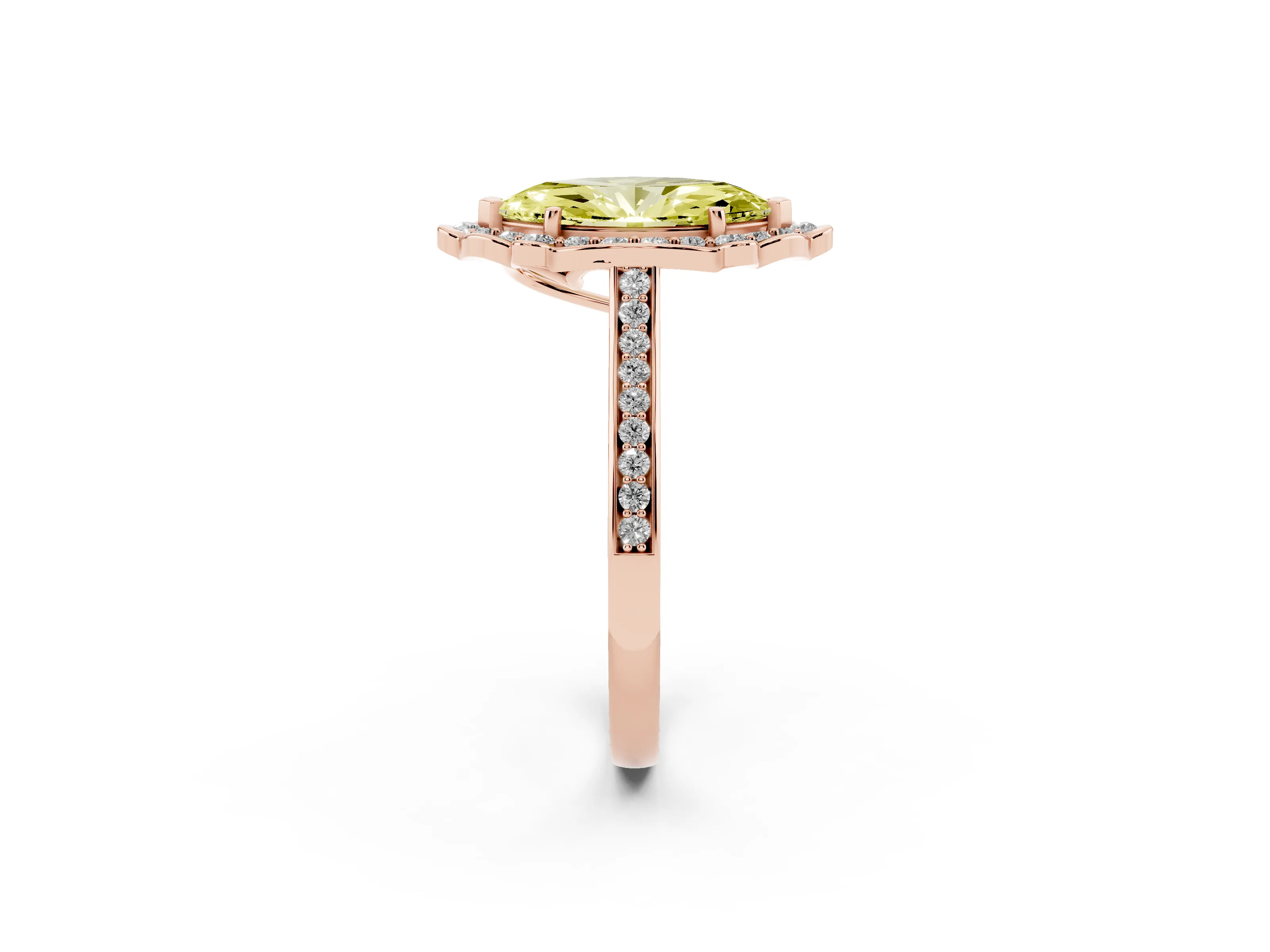 Fancy Yellow Marquise Cut Diamond Halo Ring Set in Rose gold with Pavé-Lined Shoulders and Prong Setting
