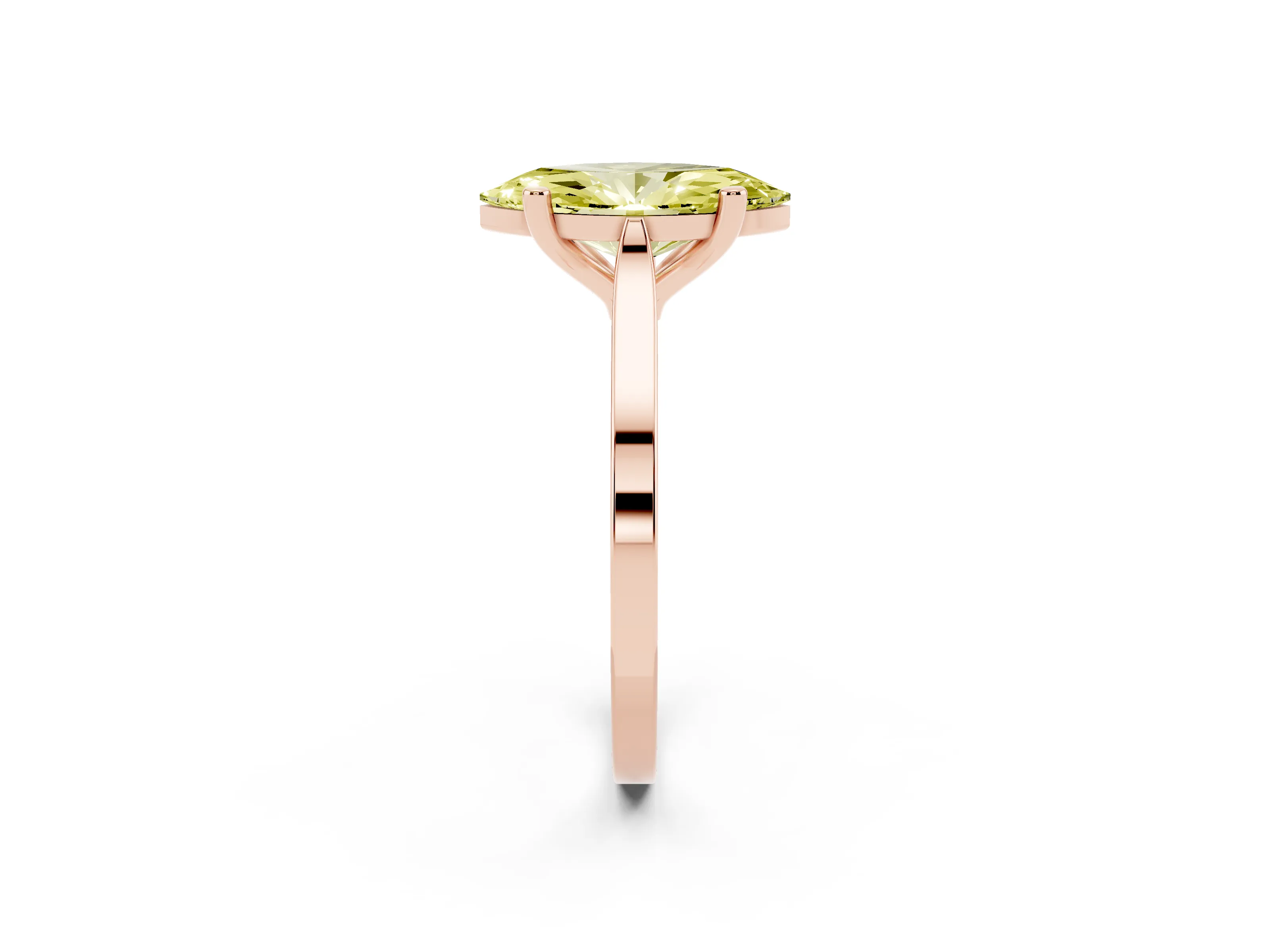 Fancy Yellow Marquise Cut Diamond Solitaire Ring Set in Rose gold with Prong Setting and Tapered Band