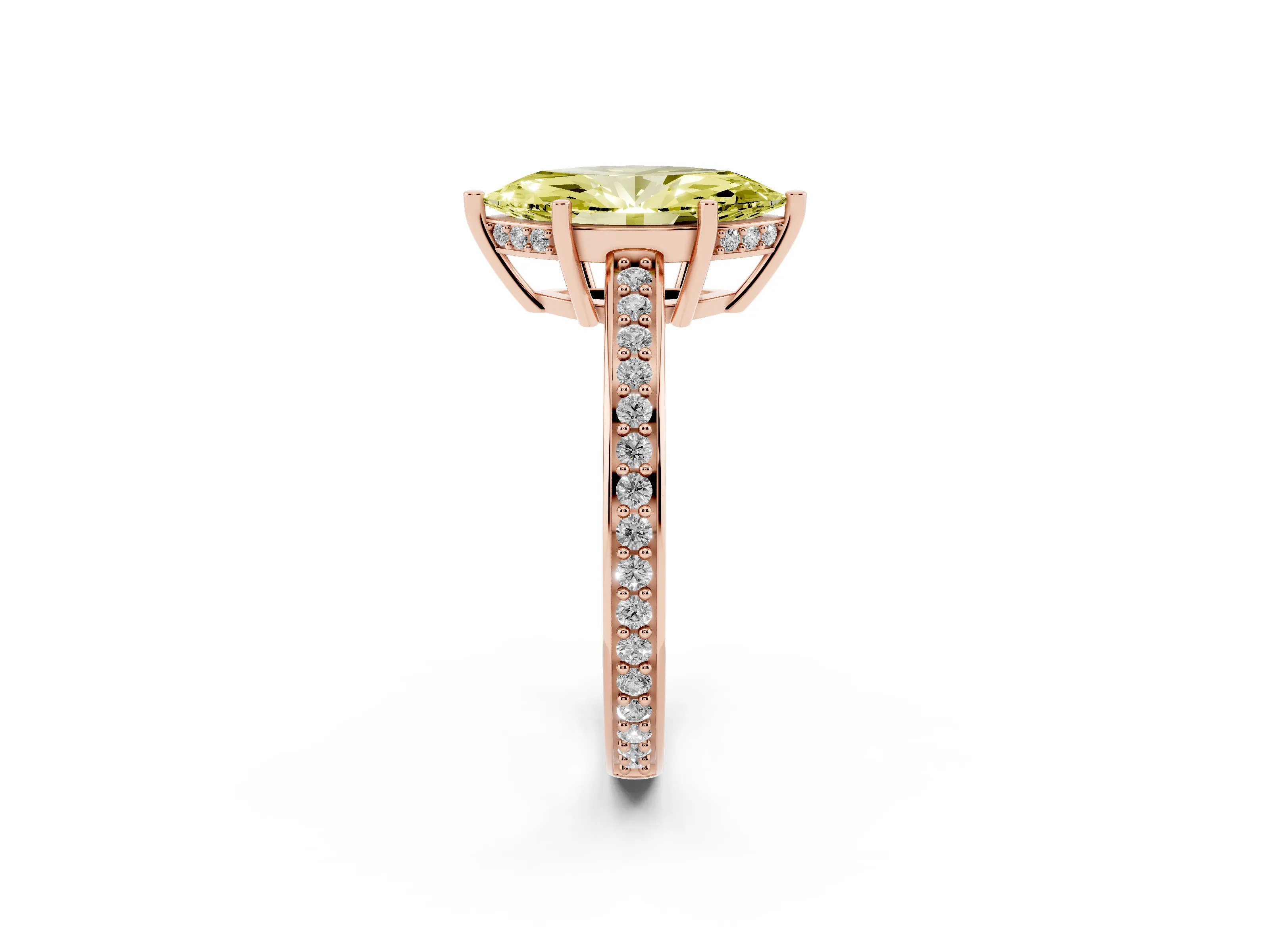 Fancy Yellow Marquise Cut Diamond Pavé Band Prong Set Solitaire Ring Set in Rose gold