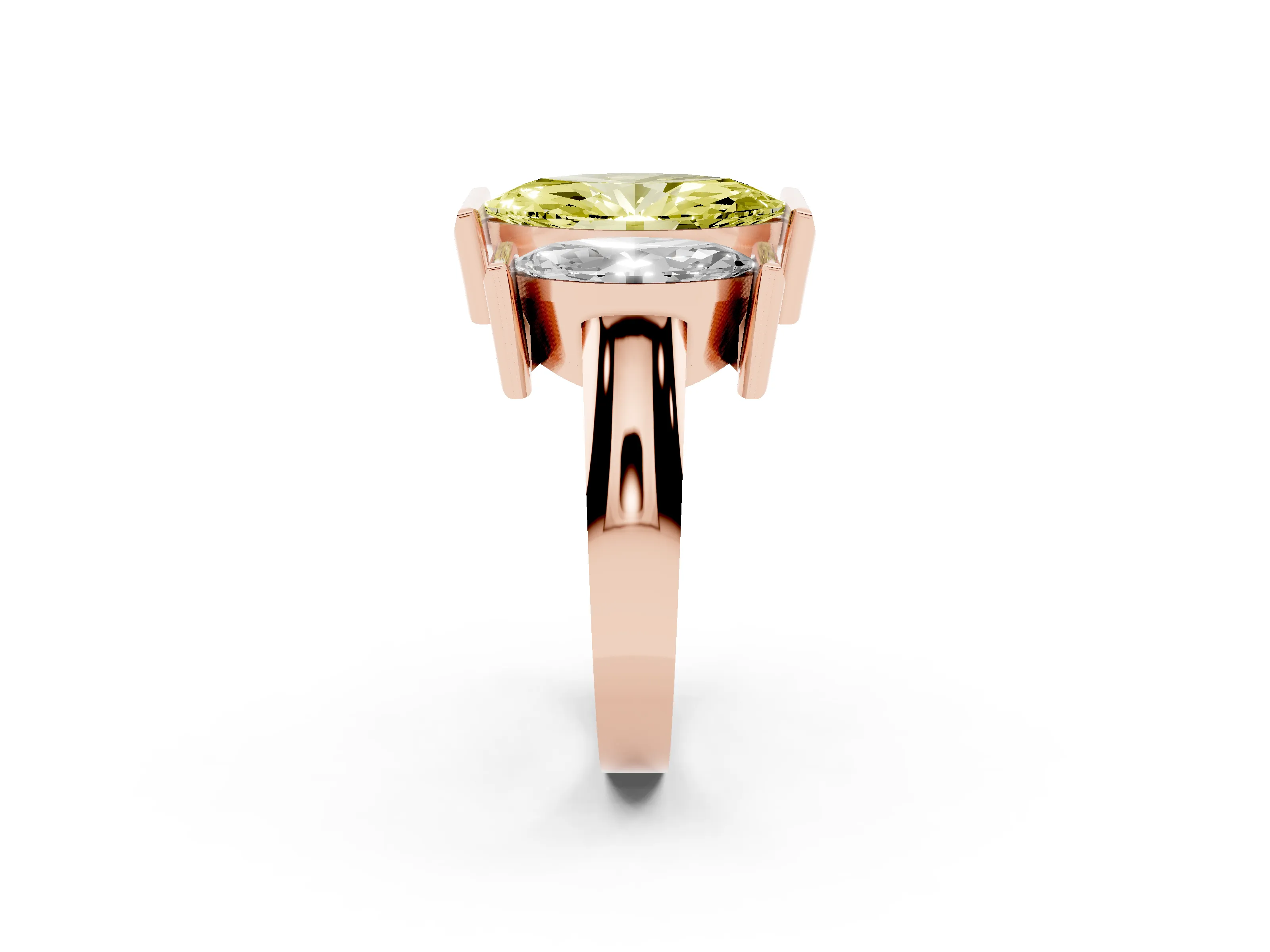 Fancy Yellow Marquise Cut Diamond Three-Stone Channel Set Ring Set in Rose gold with Smooth Polished Band