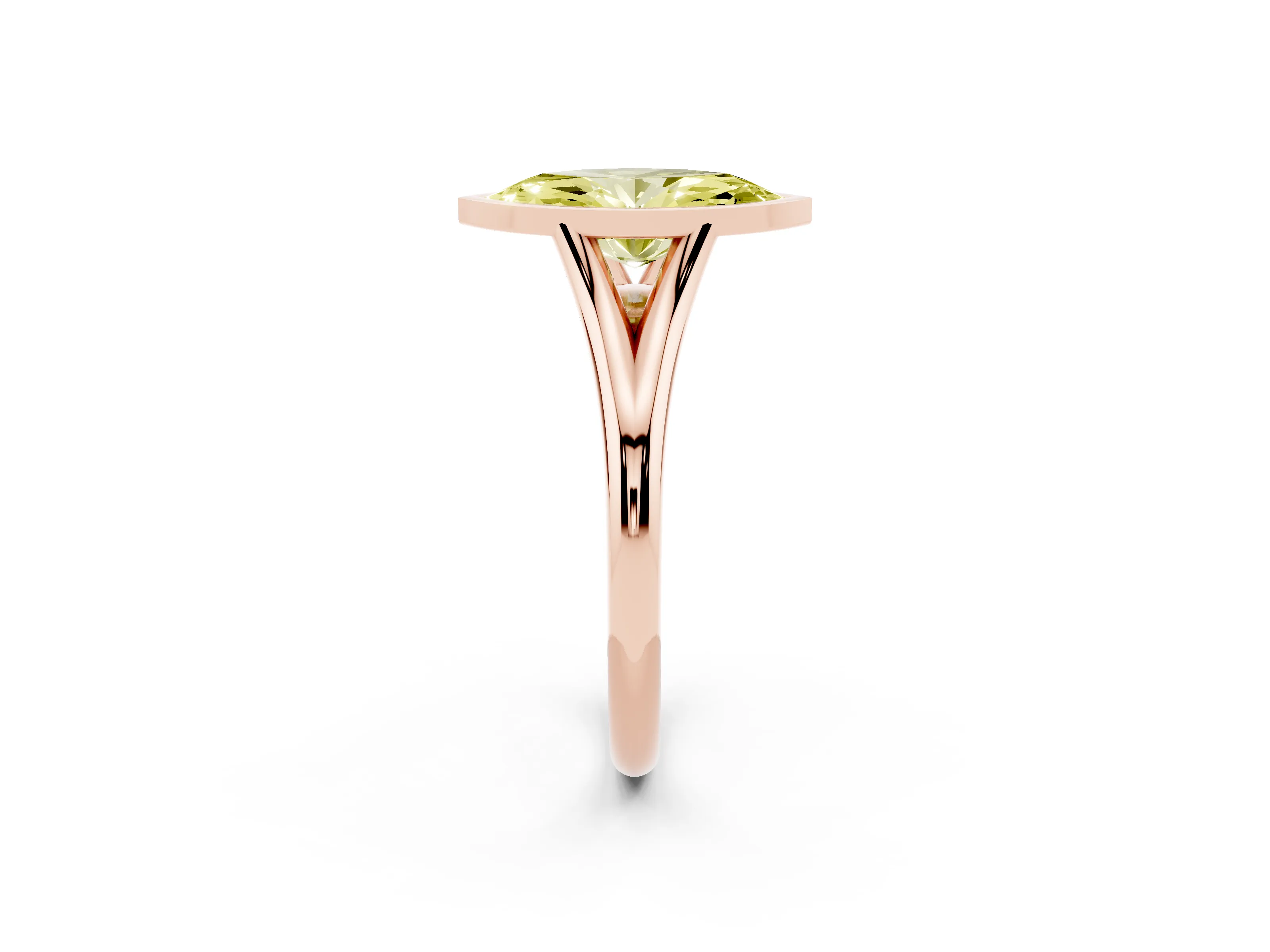 Fancy Yellow Bezel Set Marquise Cut Diamond Solitaire Ring Set in Rose gold with Tapered Band