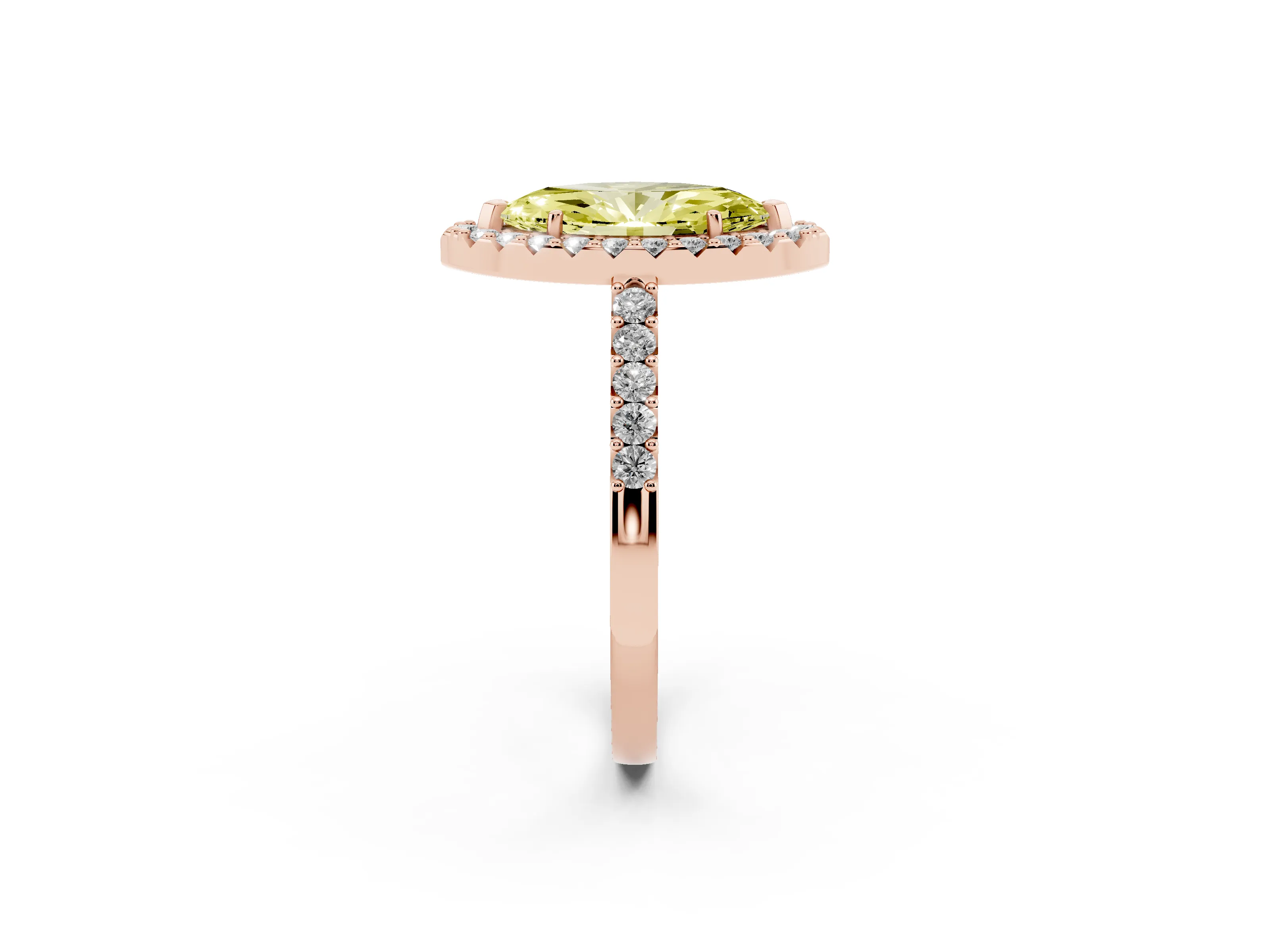 Fancy Yellow Marquise Cut Diamond Halo Pavé Solitaire Ring Set in Rose gold with Prong-Set Center Stone