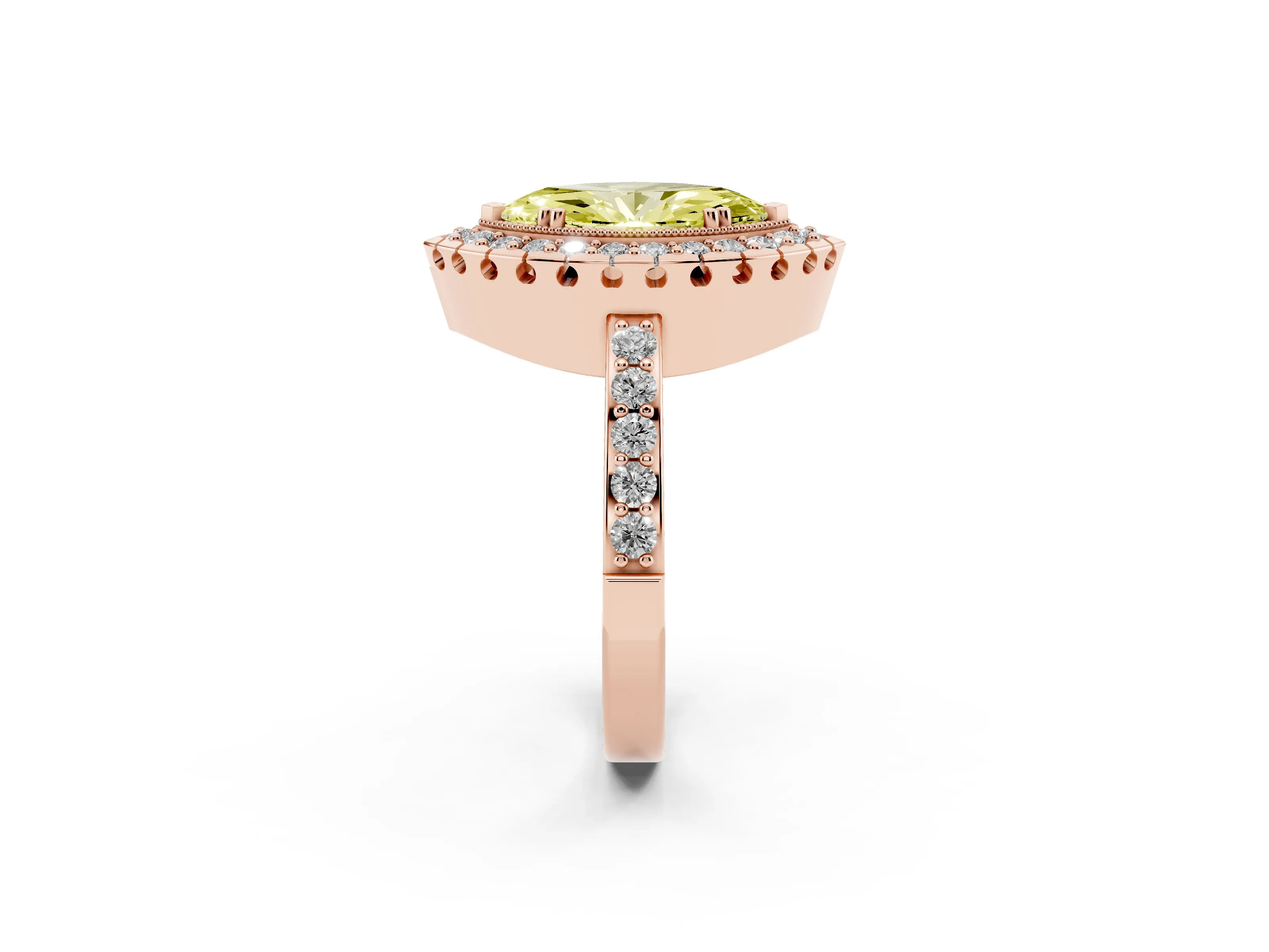 Fancy Yellow Marquise Cut Diamond Halo Ring Set in Rose gold with Pavé Shank and Prong Setting