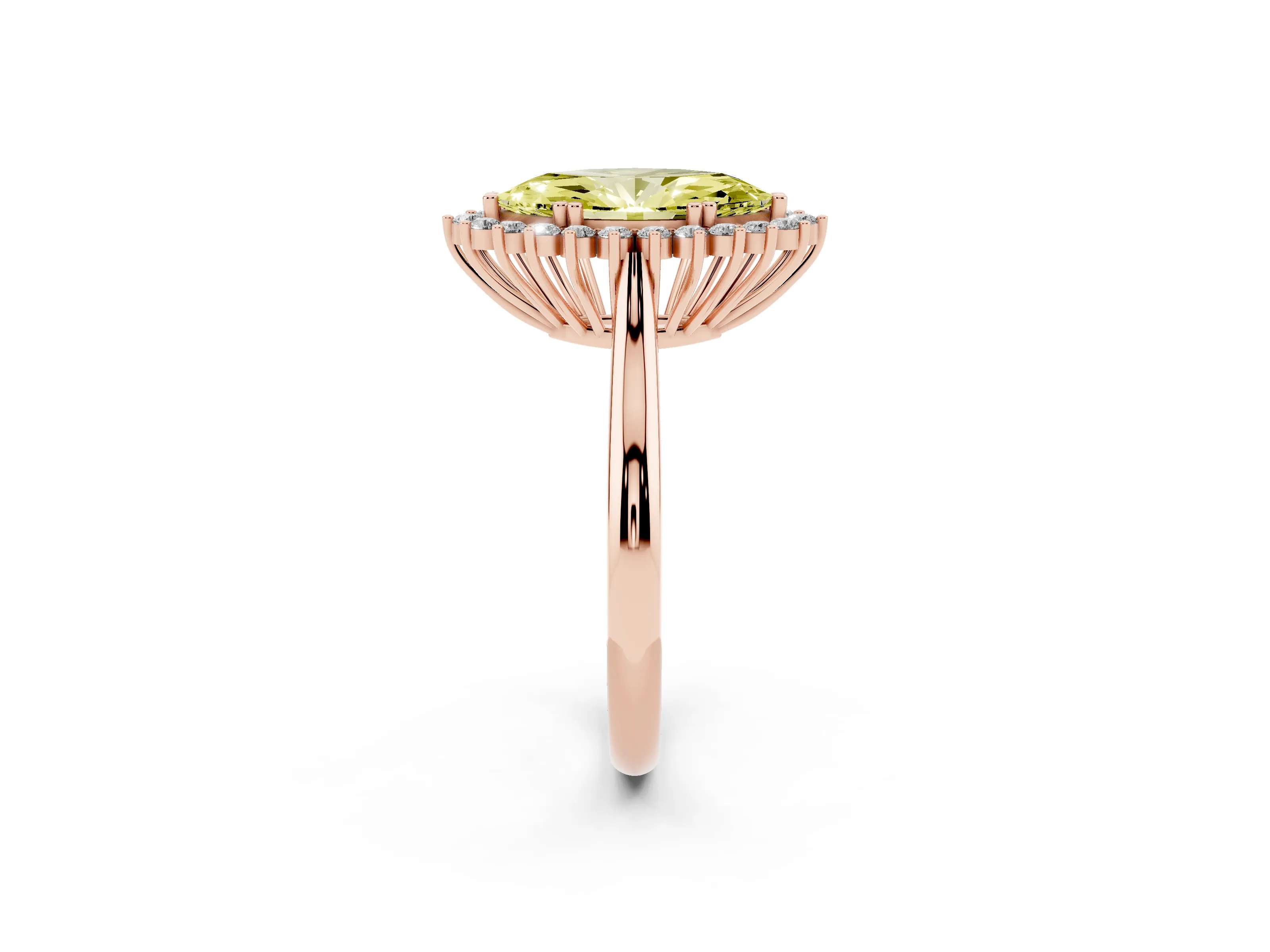 Fancy Yellow Marquise Cut Diamond Halo Ring Set in Rose gold with Plain Solitaire Band and Prong Setting