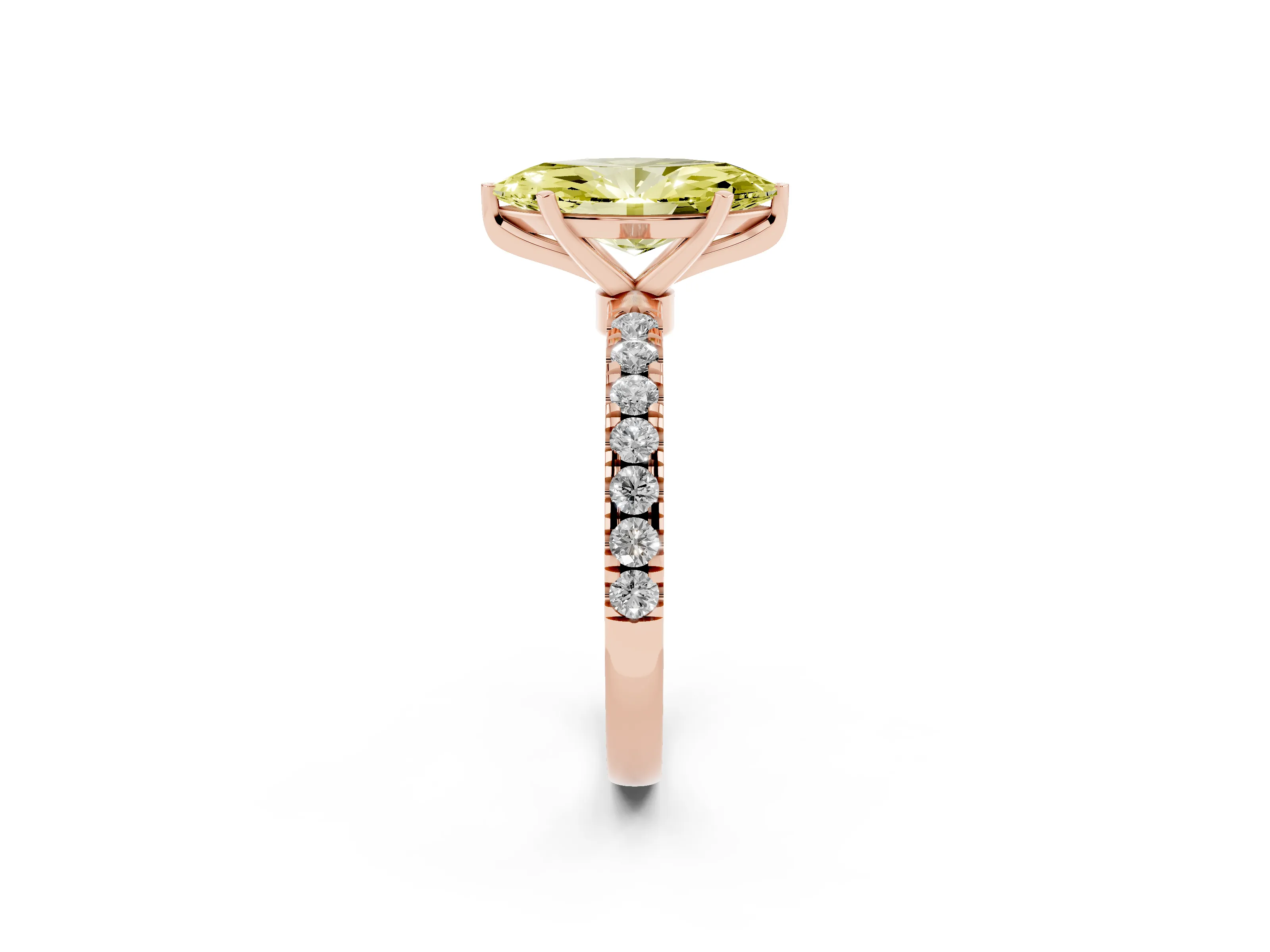 Fancy Yellow Marquise Cut Diamond Solitaire Ring Set in Rose gold with Pavé Accents and Prong Setting