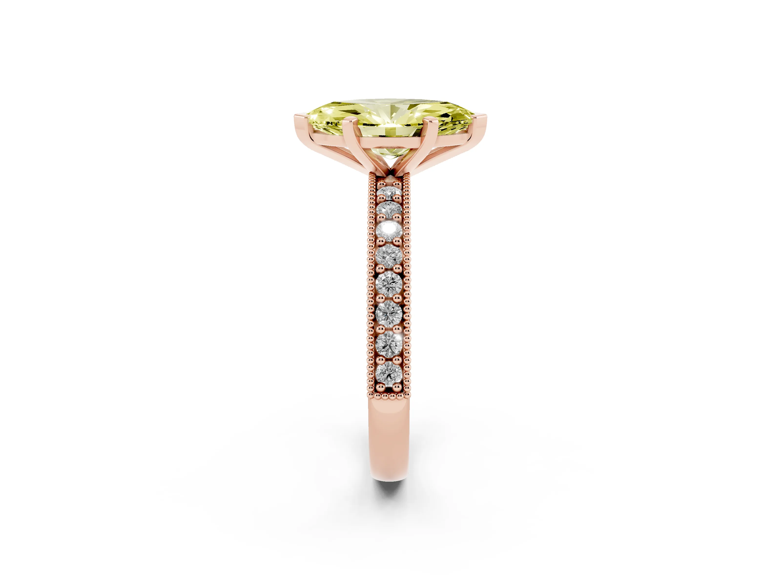 Fancy Yellow Marquise Cut Diamond Milgrain Pavé Engagement Ring Set in Rose gold with Prong Setting