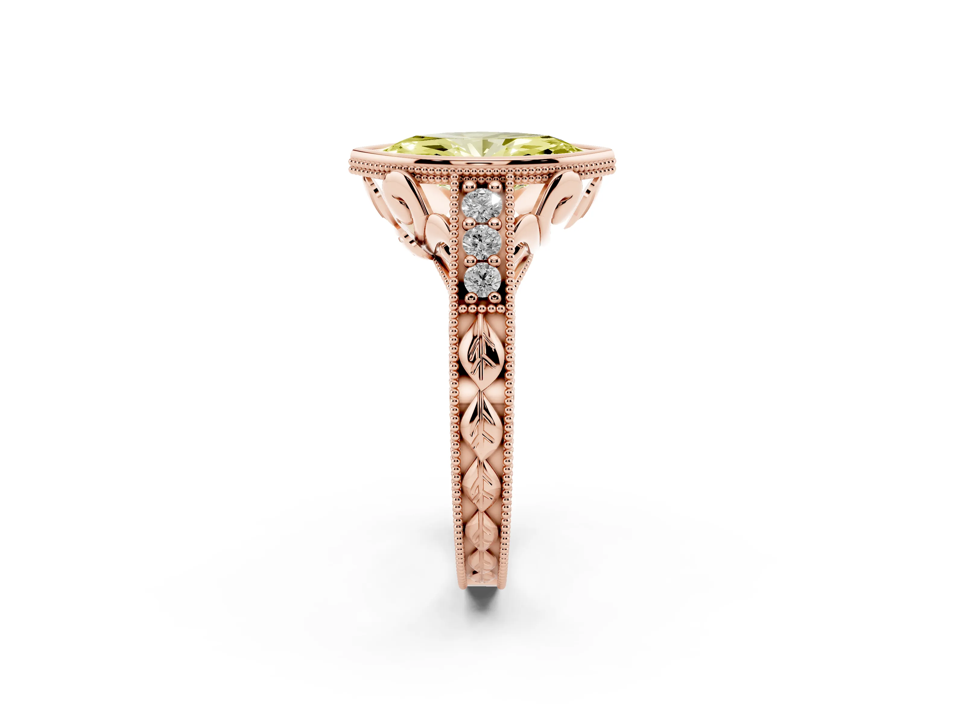 Fancy Yellow Bezel Set Marquise Cut Diamond Milgrain Pavé Engagement Ring Set in Rose gold