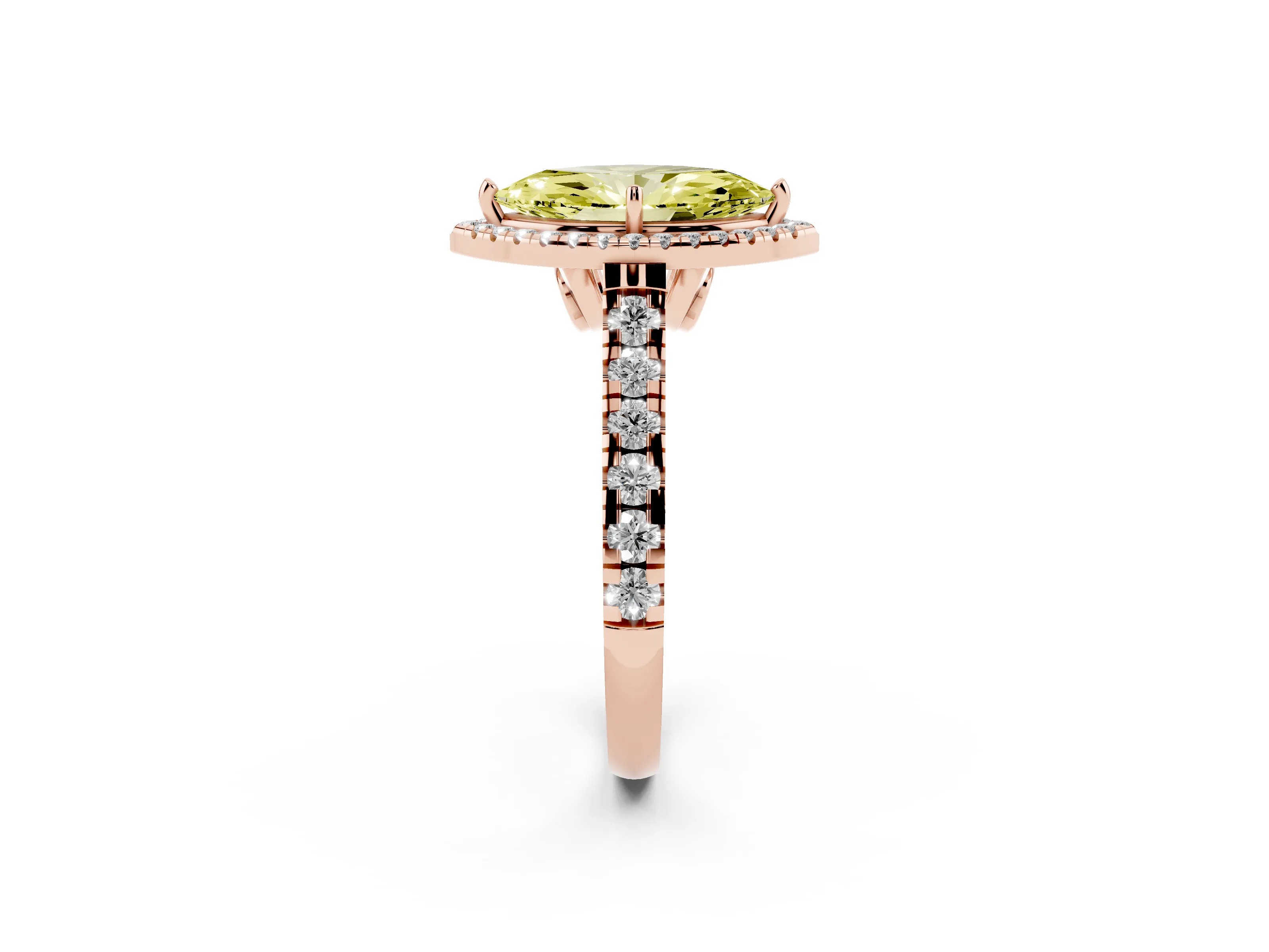 Fancy Yellow Marquise Cut Diamond Halo Engagement Ring Set in Rose gold with Pavé Band and Prong-Set Center