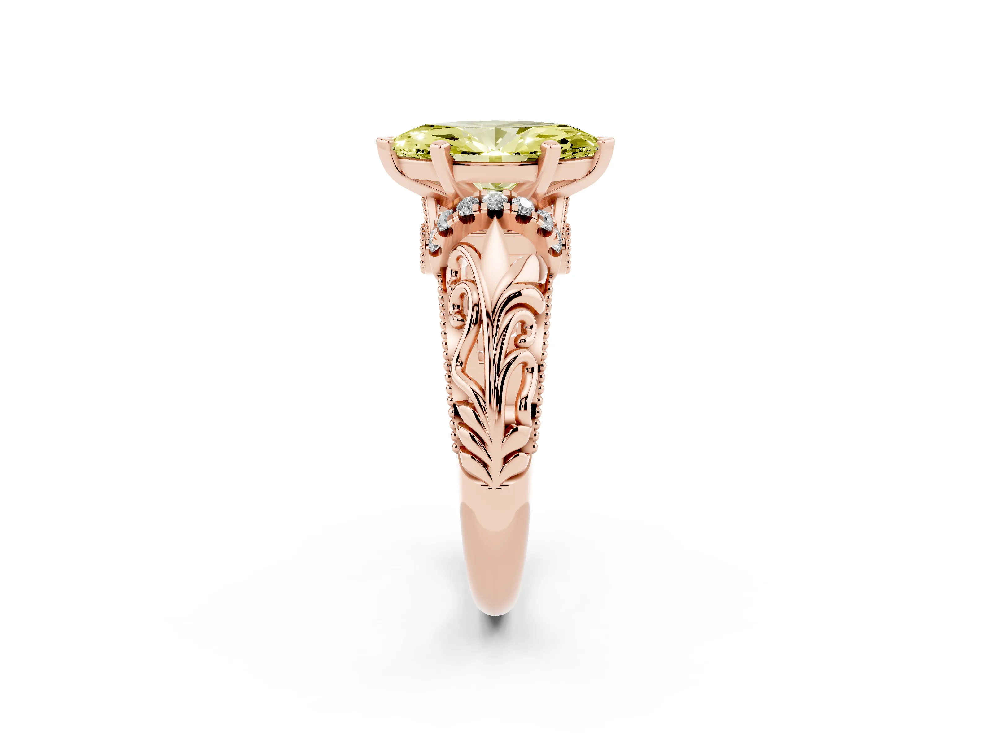 Fancy Yellow Marquise Cut Diamond Filigree Halo Engagement Ring Set in Rose gold with Prong Setting
