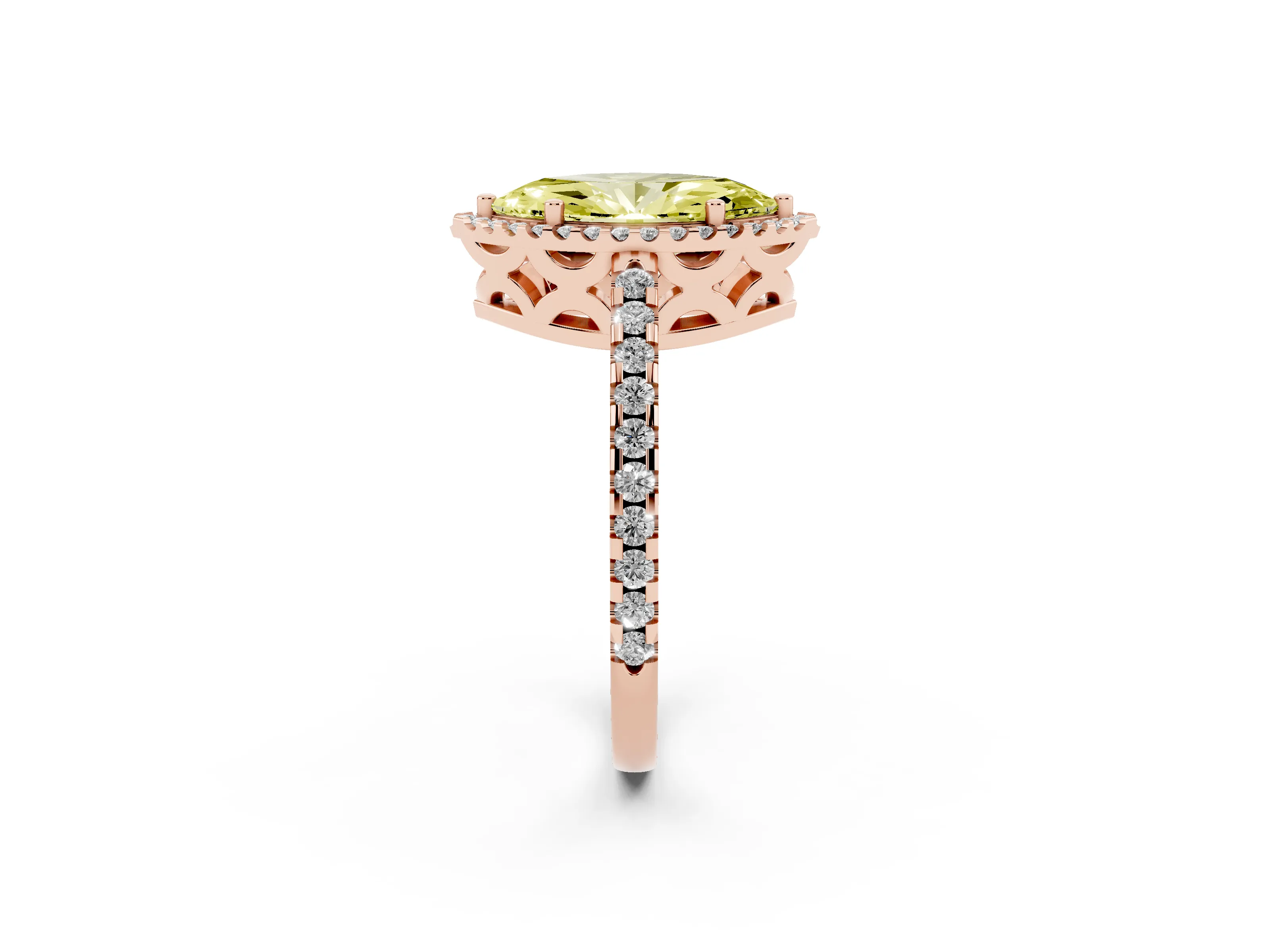 Fancy Yellow Marquise Cut Diamond Halo Ring Set in Rose gold with Pavé Shoulders and Halo-Framed Center
