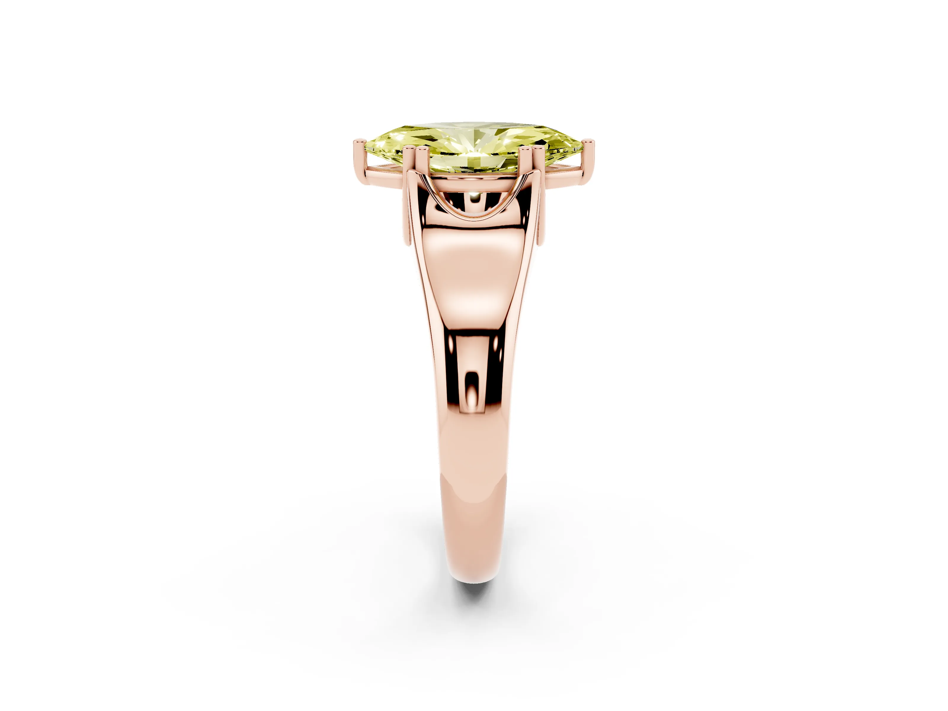 Fancy Yellow Marquise Cut Diamond Solitaire Ring Set in Rose gold with Wide Band and Prong Setting