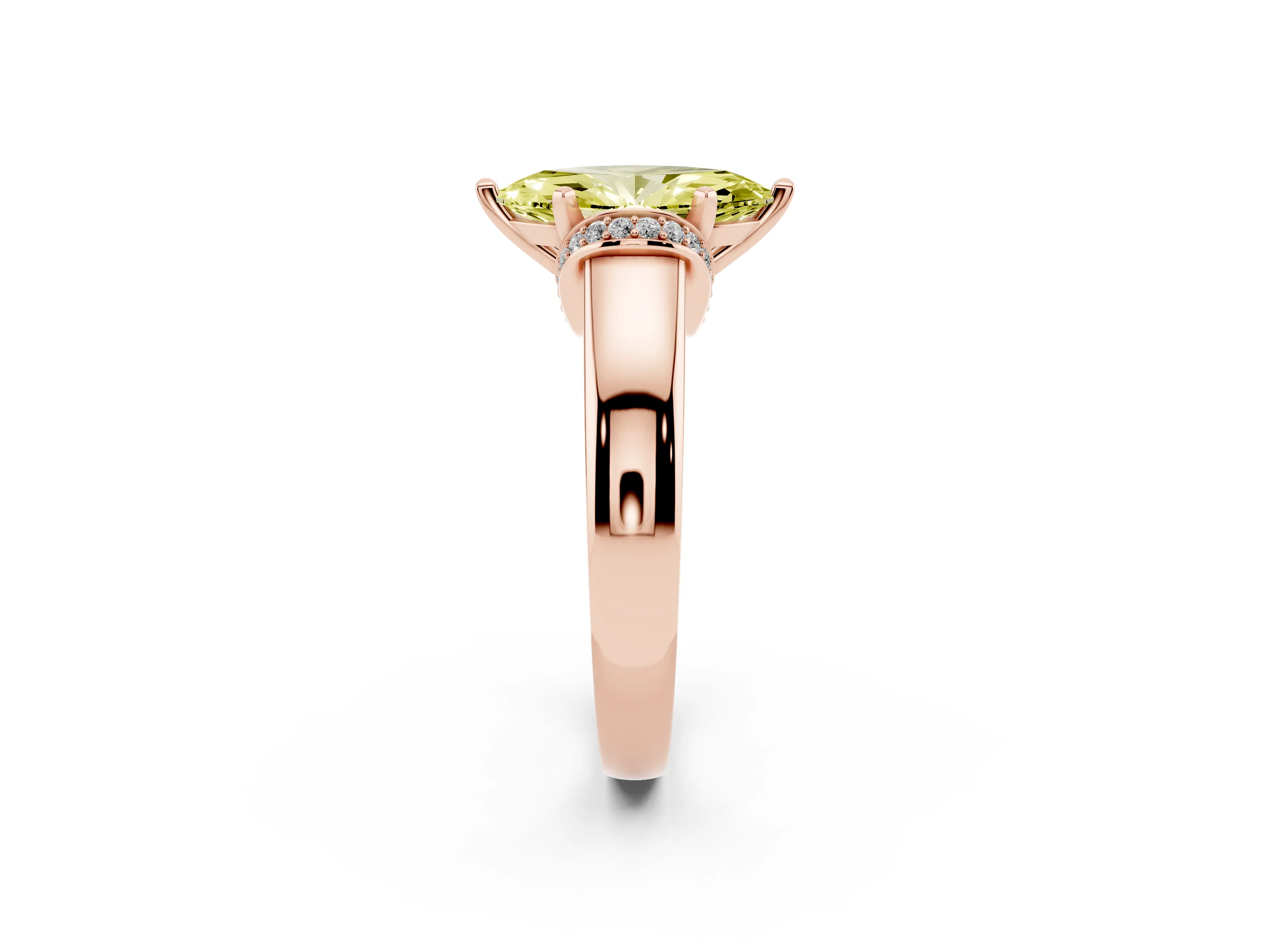 Fancy Yellow Marquise Cut Diamond Pavé Band Solitaire Ring Set in Rose gold with Prong Setting