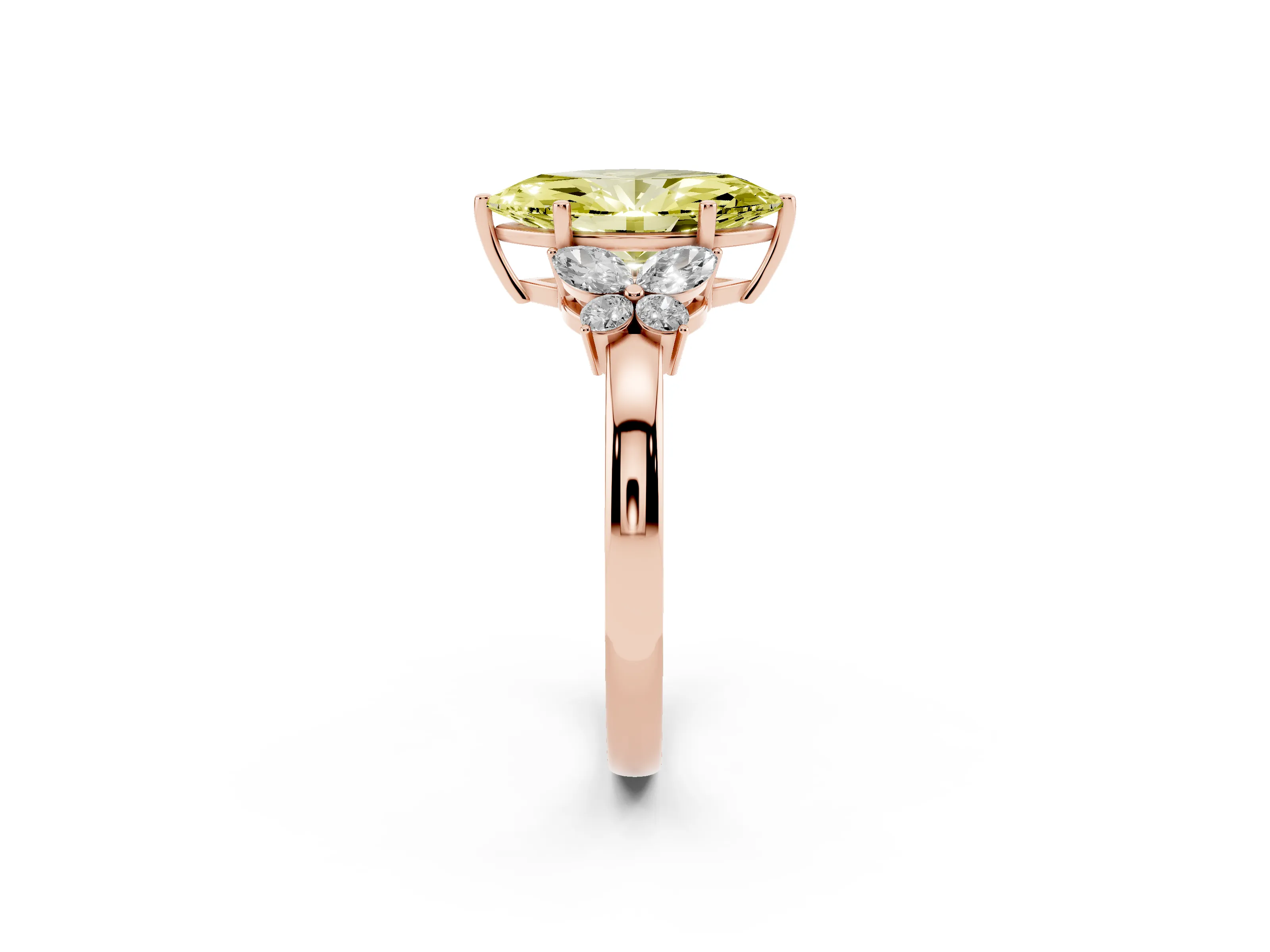 Fancy Yellow Marquise Cut Diamond Solitaire Floral Ring Set in Rose gold with Marquise Petals and Prong Setting