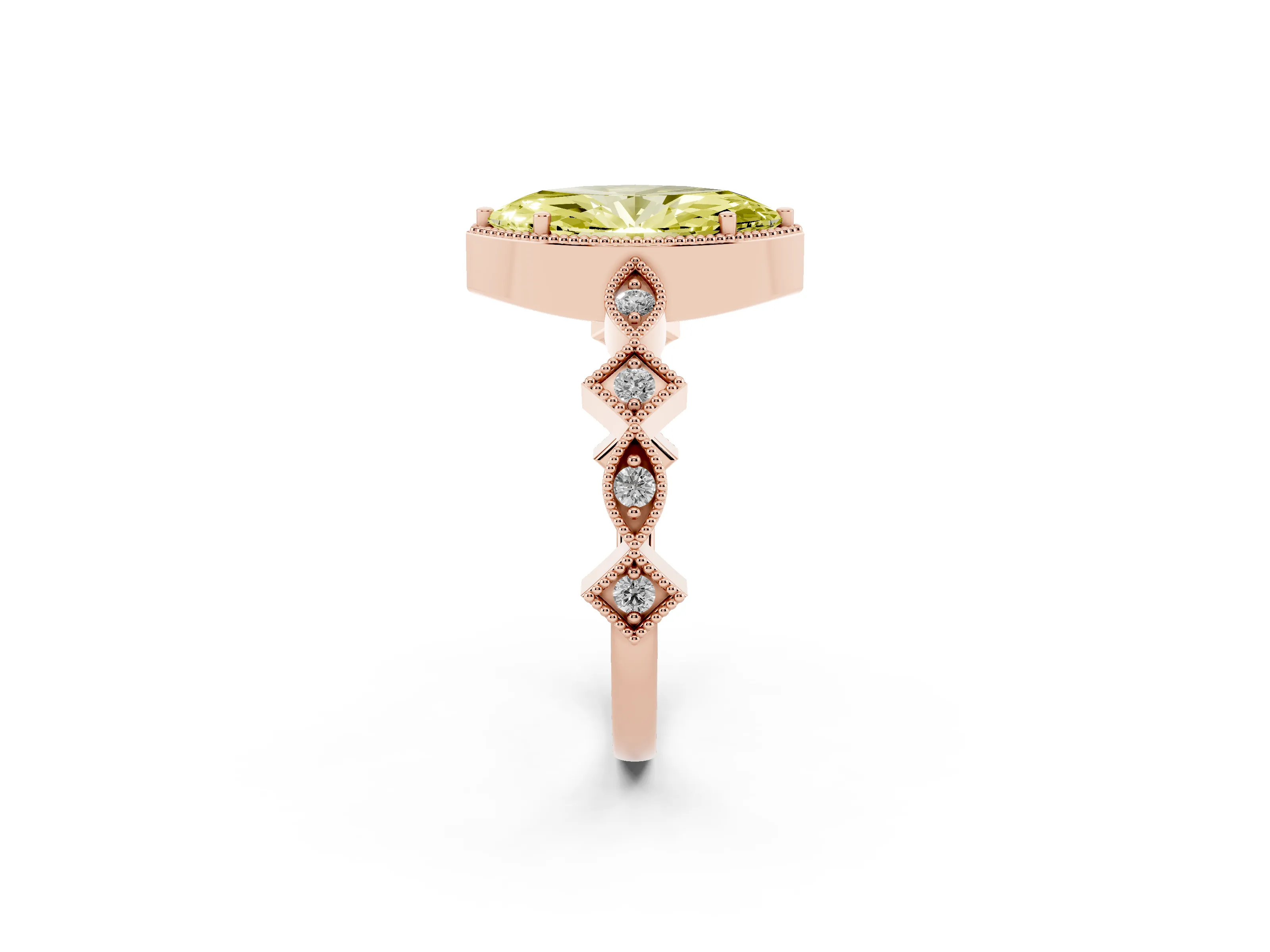 Fancy Yellow Marquise Cut Diamond Milgrain Marquise Twist Band Ring Set in Rose gold with Prong Setting