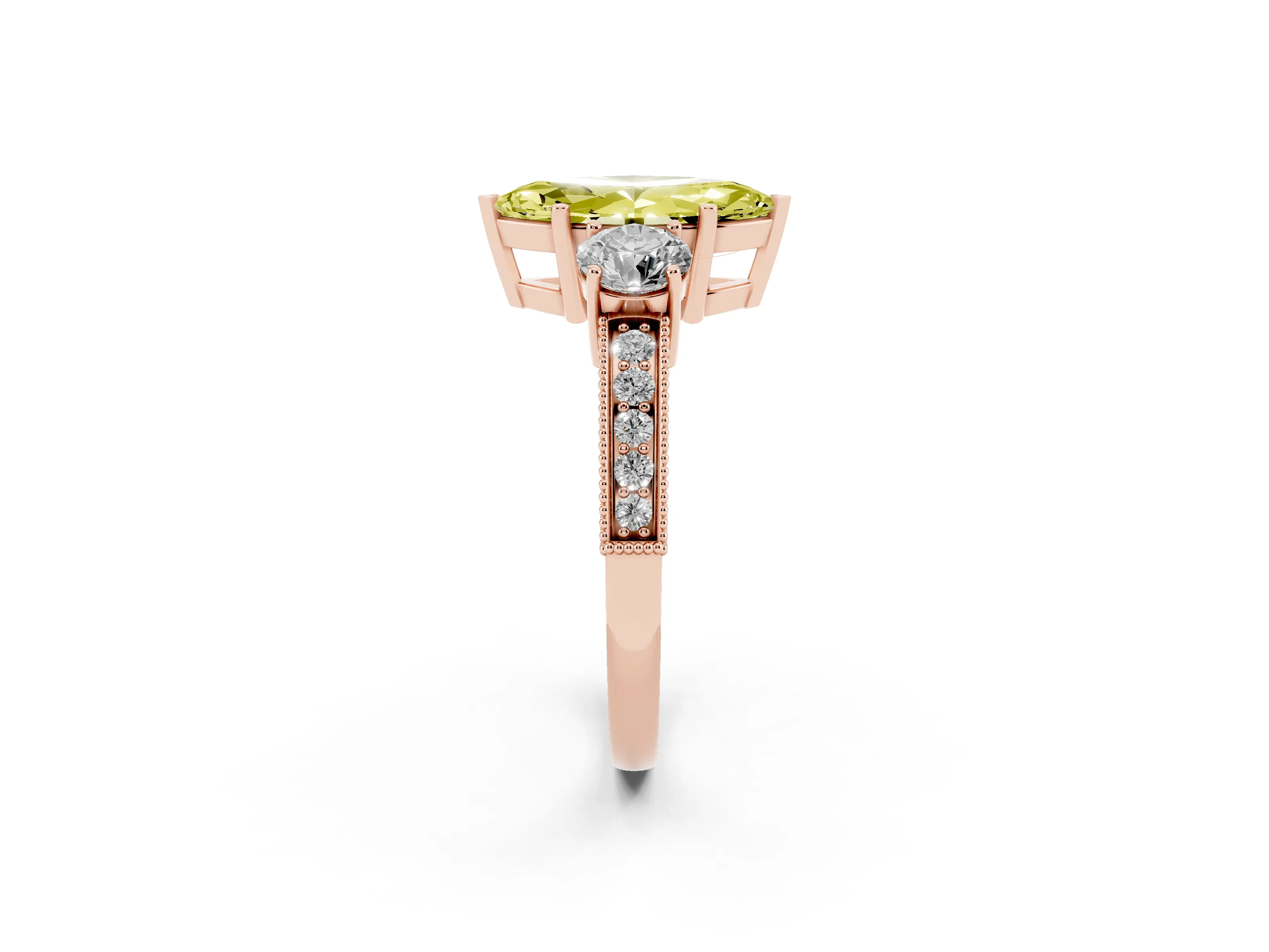Fancy Yellow Marquise Cut Diamond Three-Stone Ring Set in Rose gold with Round Side Stones and Pavé Band