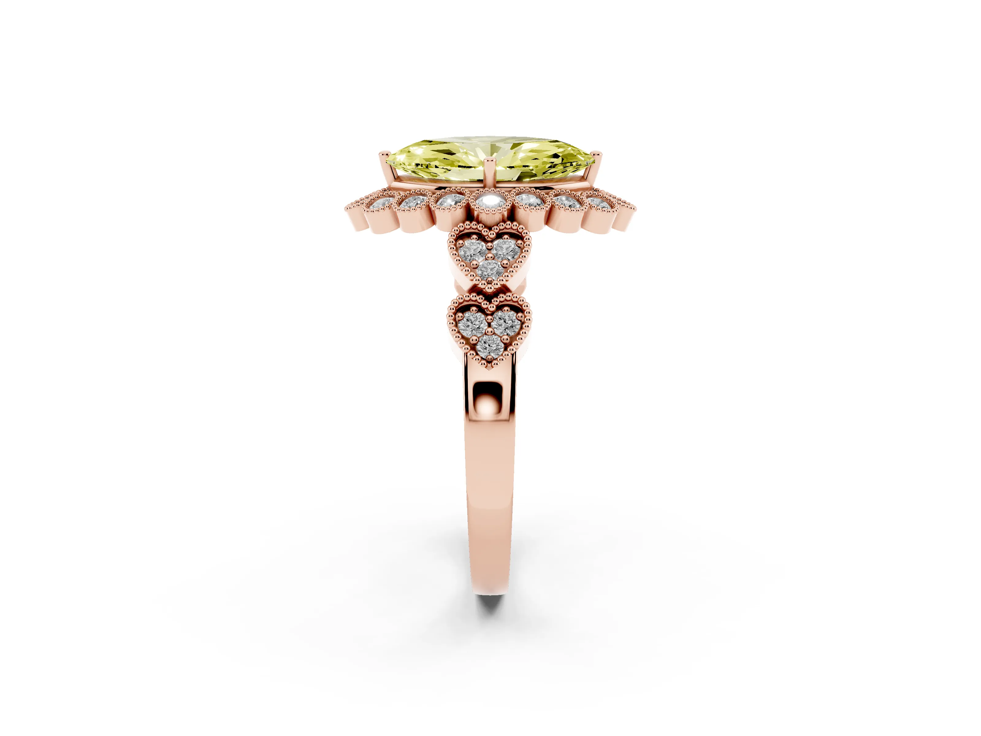 Fancy Yellow Marquise Cut Diamond Solitaire Ring Set in Rose gold with Milgrain Pavé Heart Band