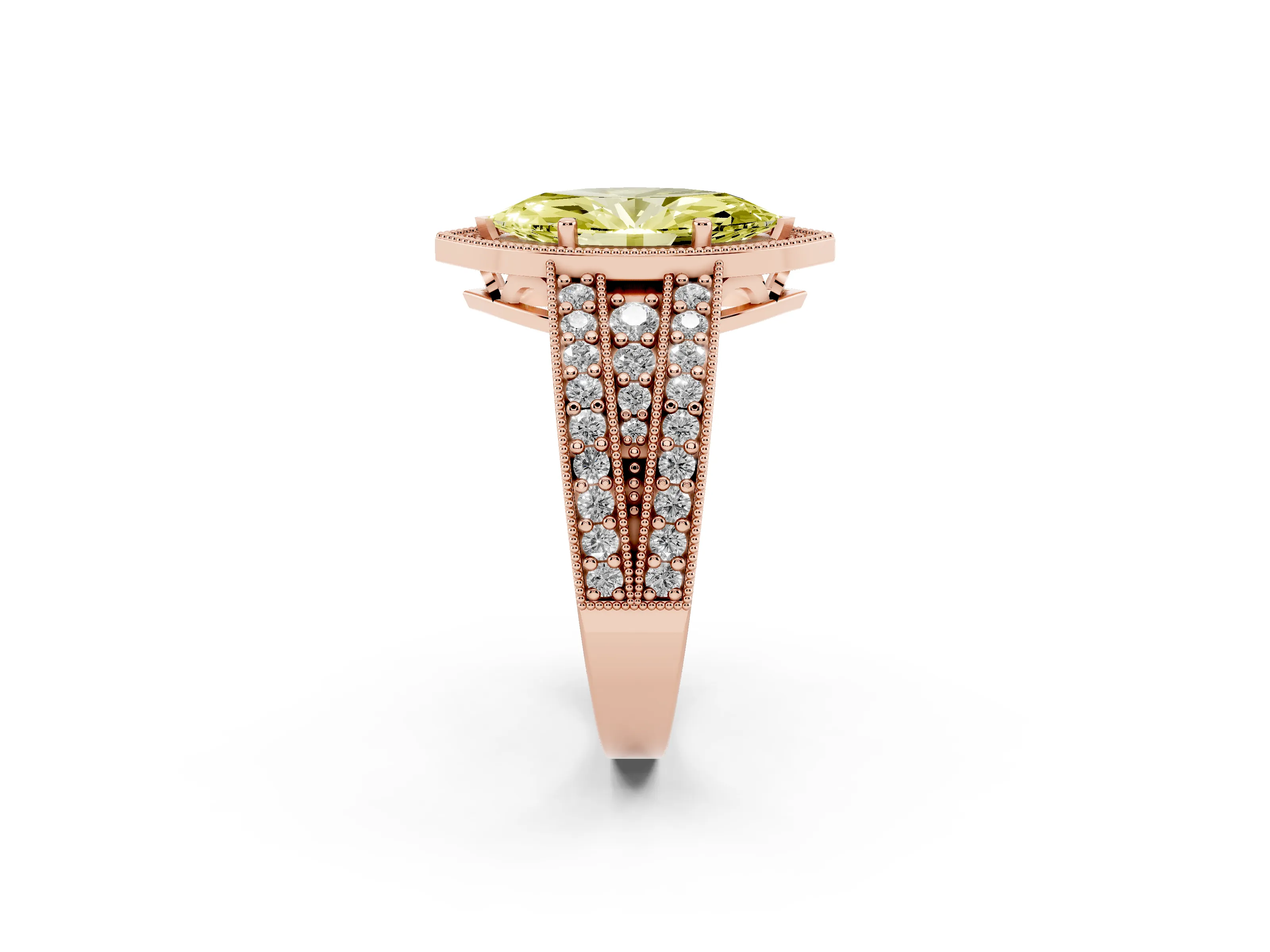 Fancy Yellow Marquise Cut Diamond Halo Ring Set in Rose gold with Accent Split Shank and Prong Setting