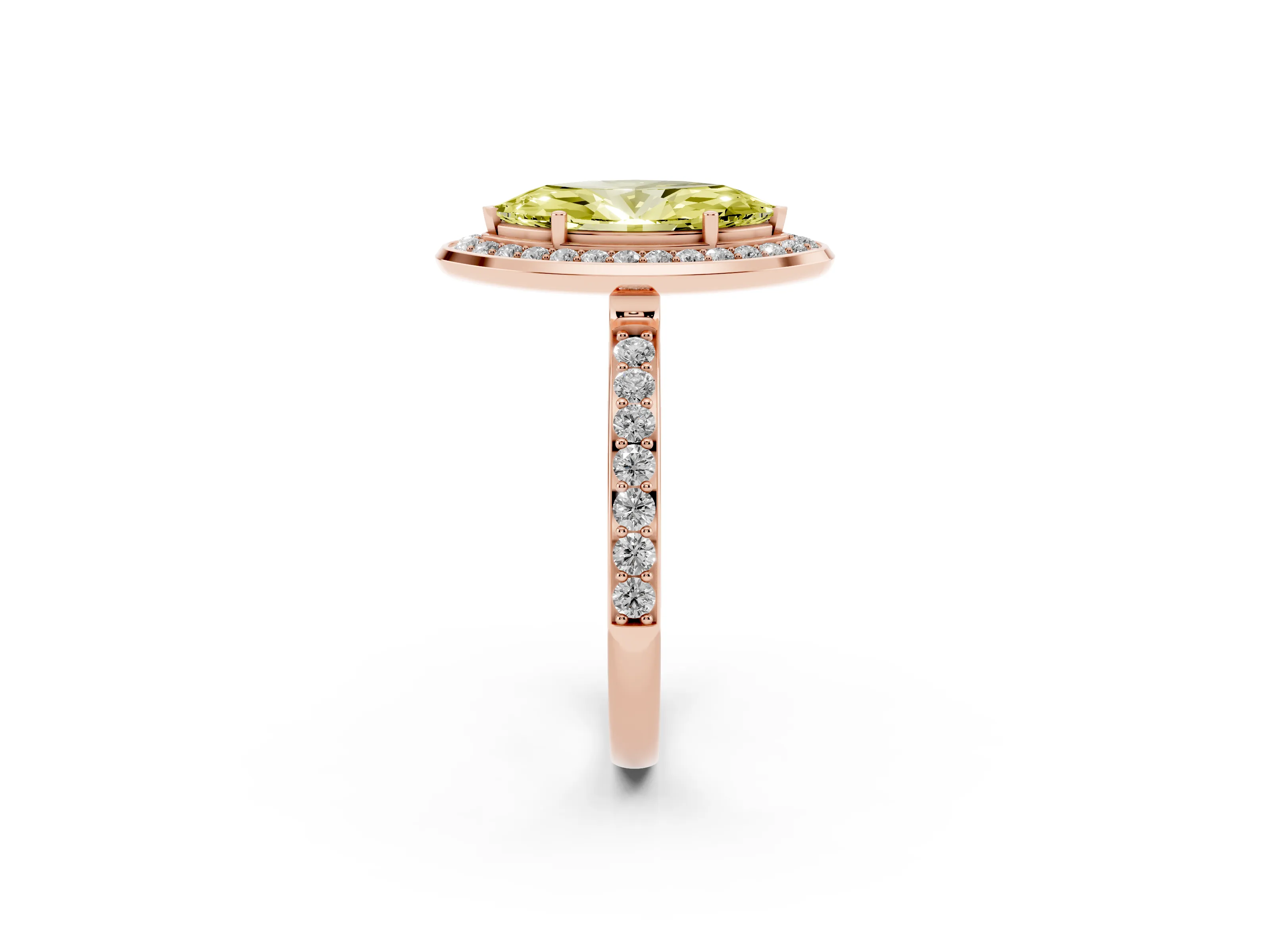 Fancy Yellow Marquise Cut Diamond Halo Ring Set in Rose gold with Bezel Frame and Pavé Band