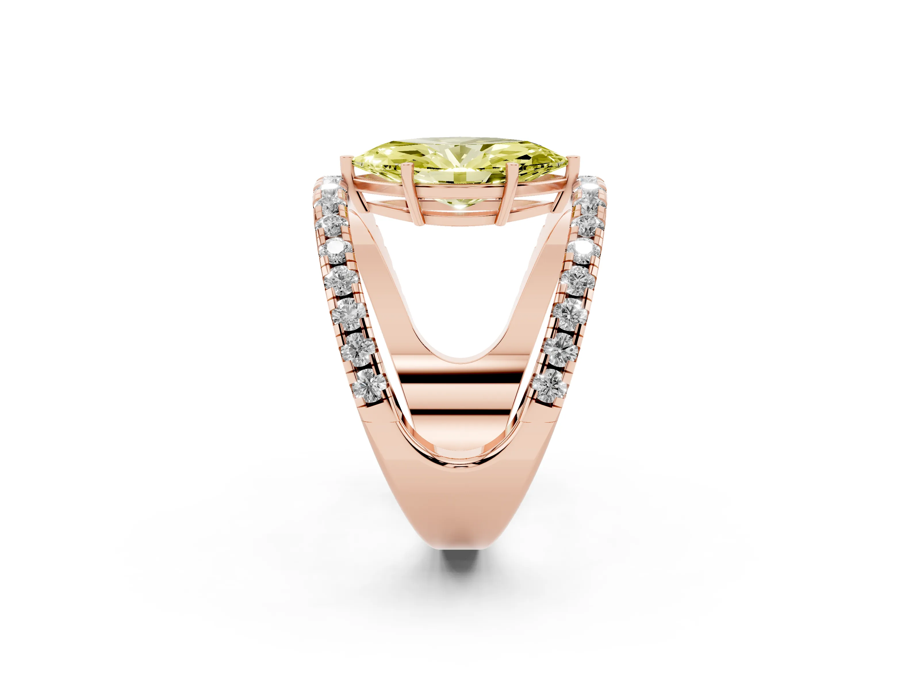 Fancy Yellow Marquise Cut Diamond Split Shank Pavé Solitaire Ring Set in Rose gold with Open Shank Design