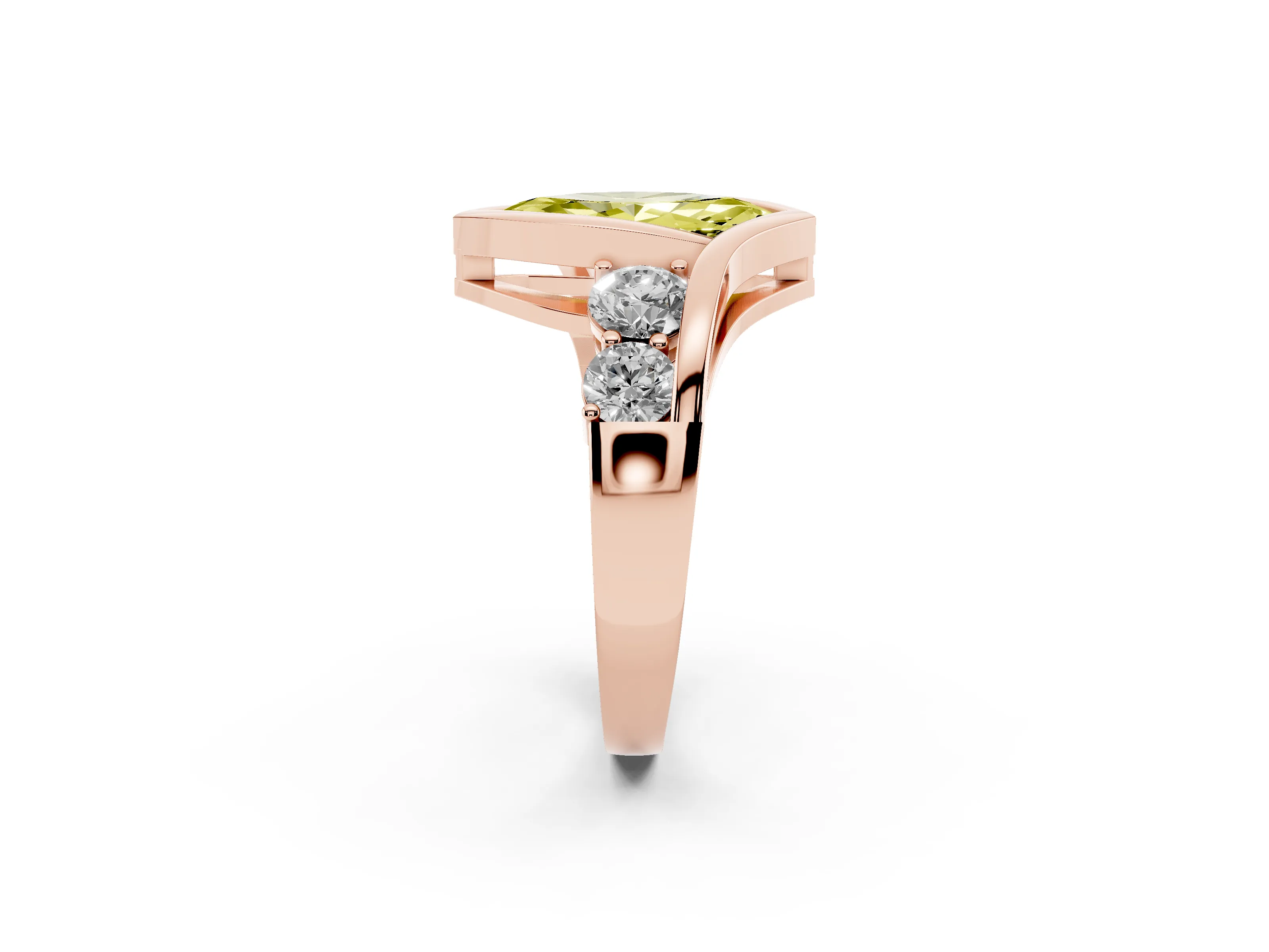 Fancy Yellow Marquise Cut Diamond Bezel Bypass Ring Set in Rose gold with Round Accents