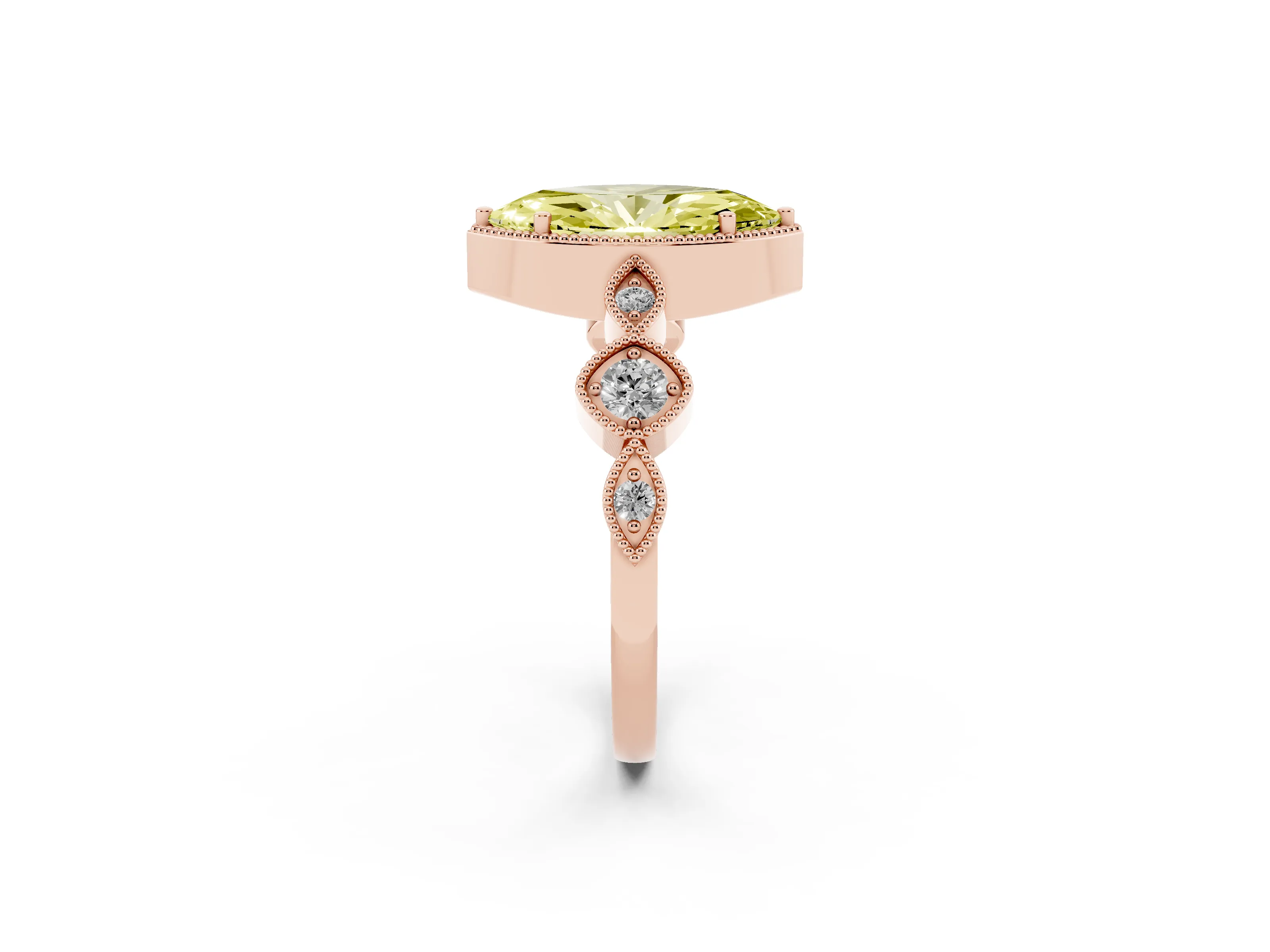 Fancy Yellow Marquise Cut Diamond Vintage-Inspired Milgrain Ring Set in Rose gold with Marquise Stations of Round Accents