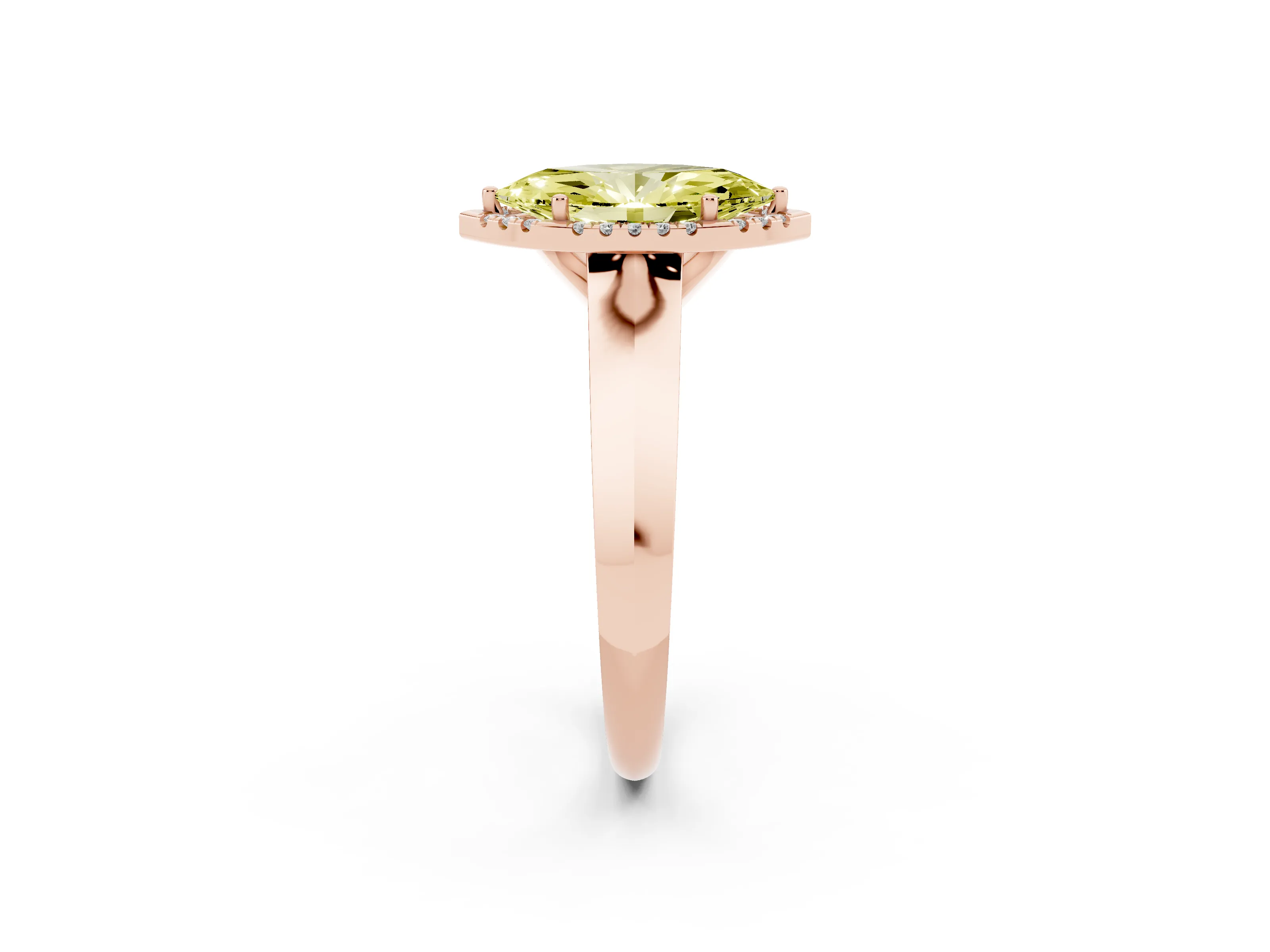 Fancy Yellow Marquise Cut Diamond Halo Ring Set in Rose gold with Cathedral Band and Prong Setting
