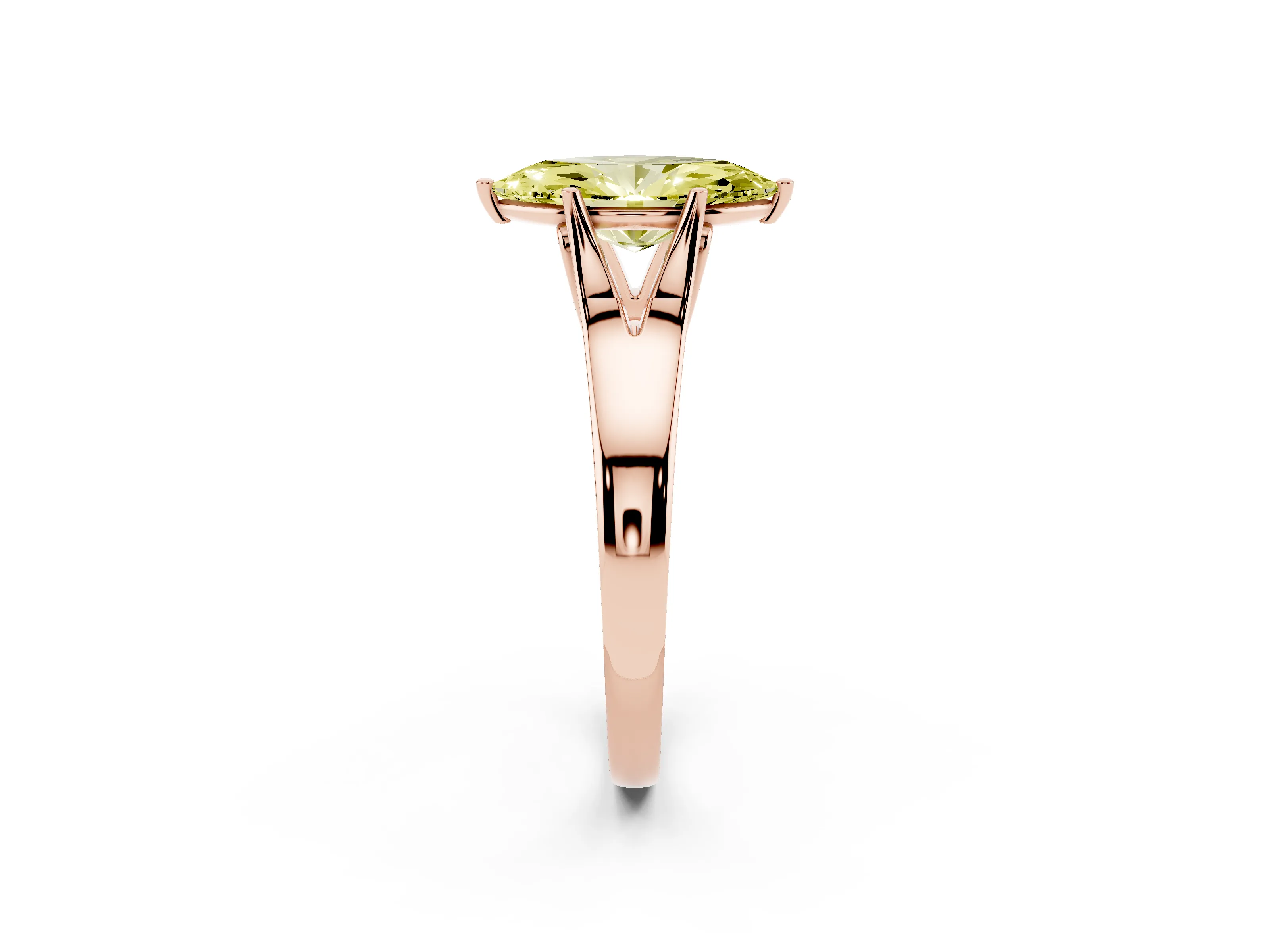 Fancy Yellow Marquise Cut Diamond Solitaire Ring Set in Rose gold with Arched Cathedral Band and Prong Setting
