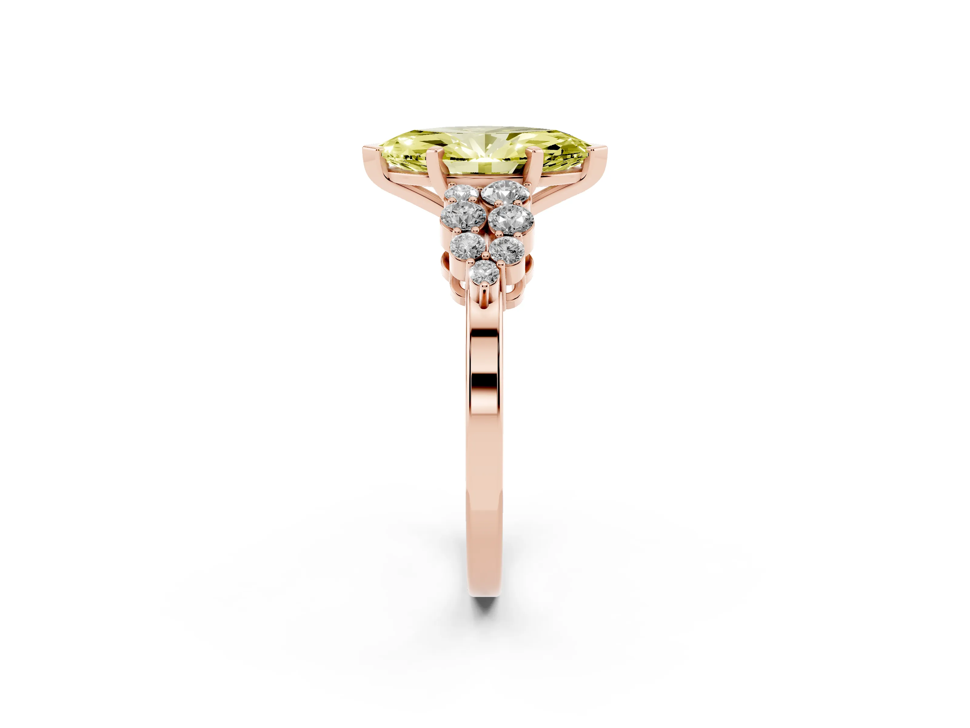 Fancy Yellow Marquise Cut Diamond Cluster Engagement Ring Set in Rose gold with Pavé Band and Prong Setting