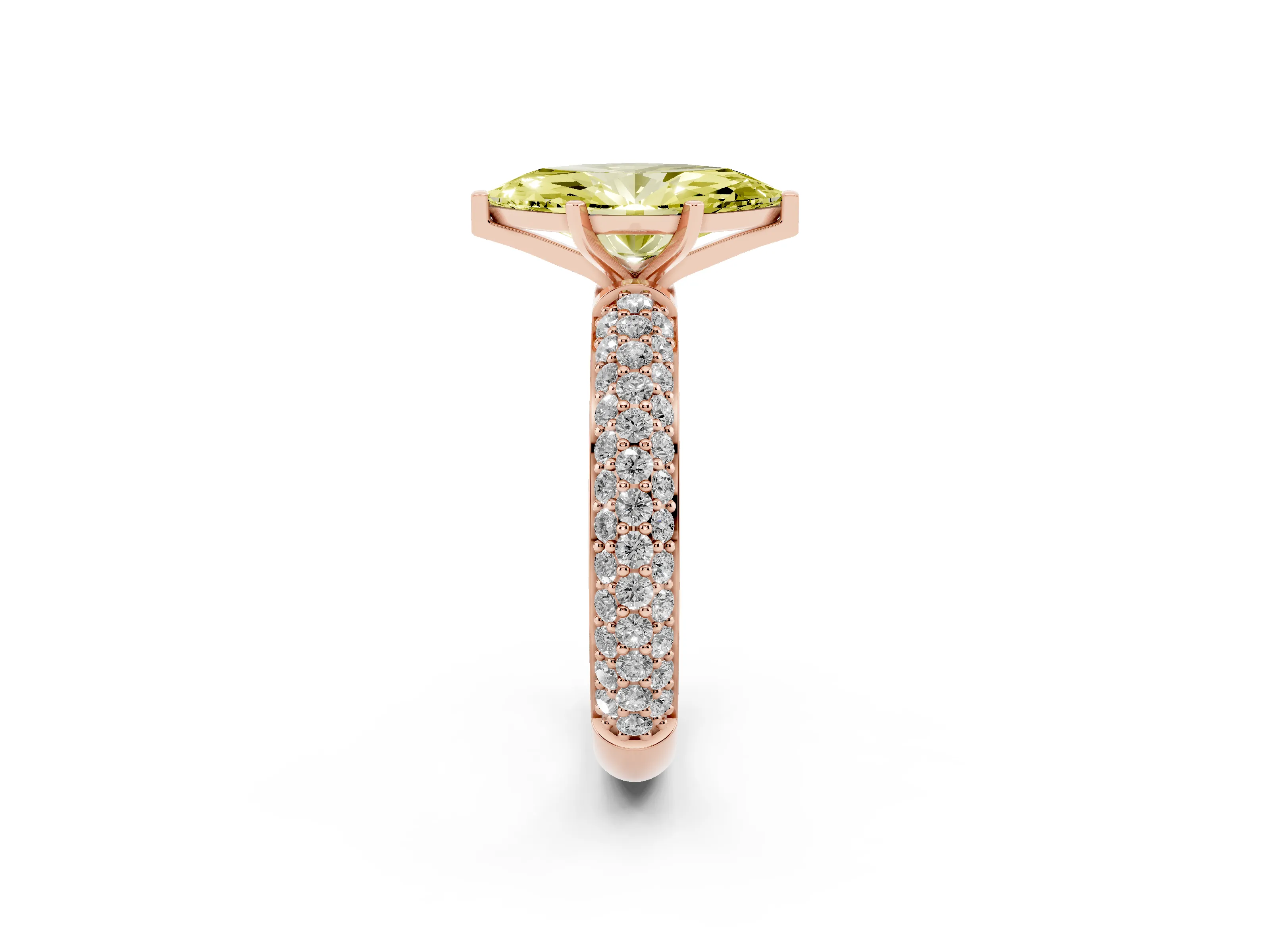 Fancy Yellow Marquise Cut Diamond Solitaire Ring Set in Rose gold with Prong Setting and Pavé-Set Band