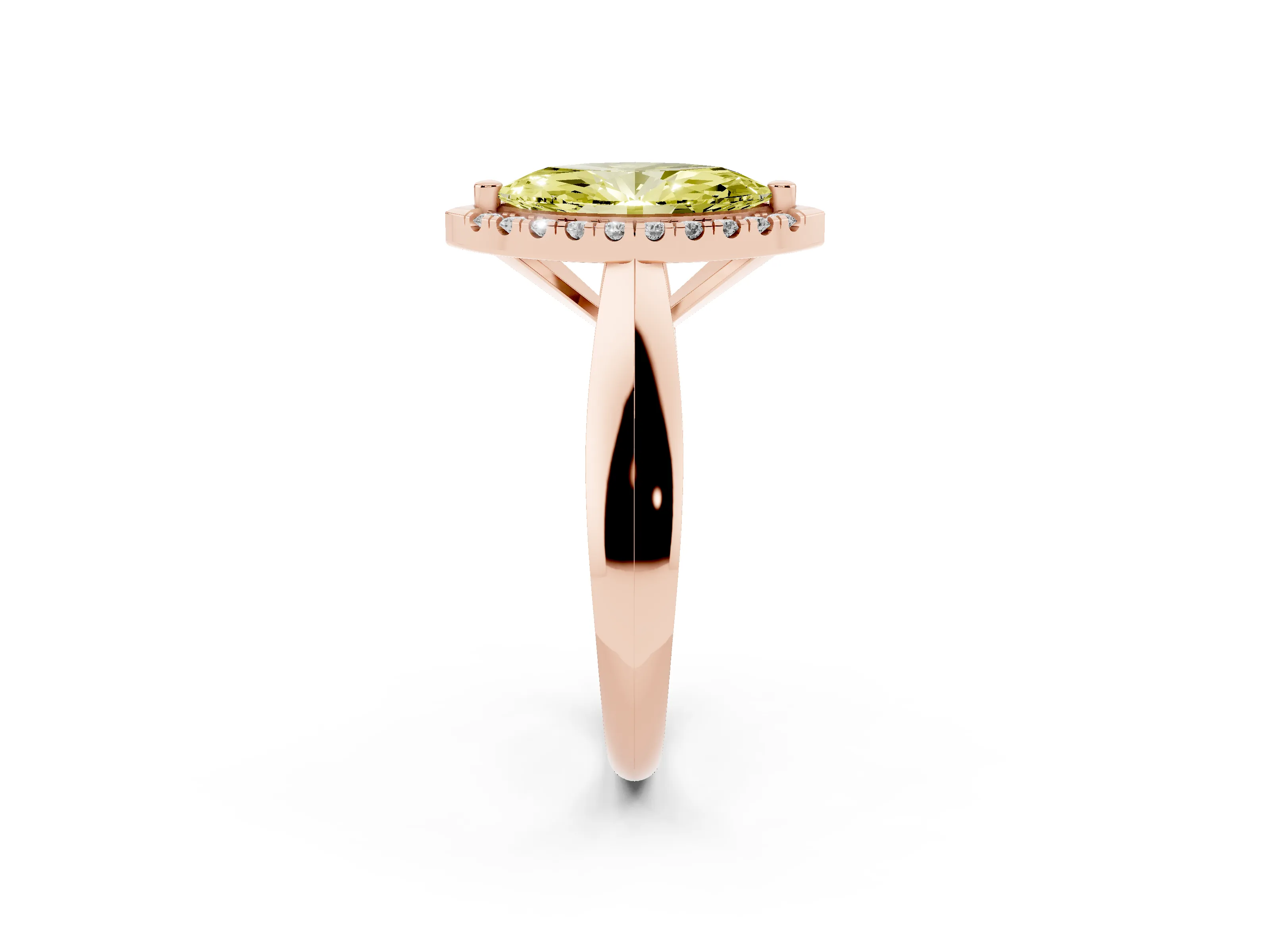 Fancy Yellow Marquise Cut Diamond Halo Solitaire Engagement Ring Set in Rose gold with Square Band and Prong Setting