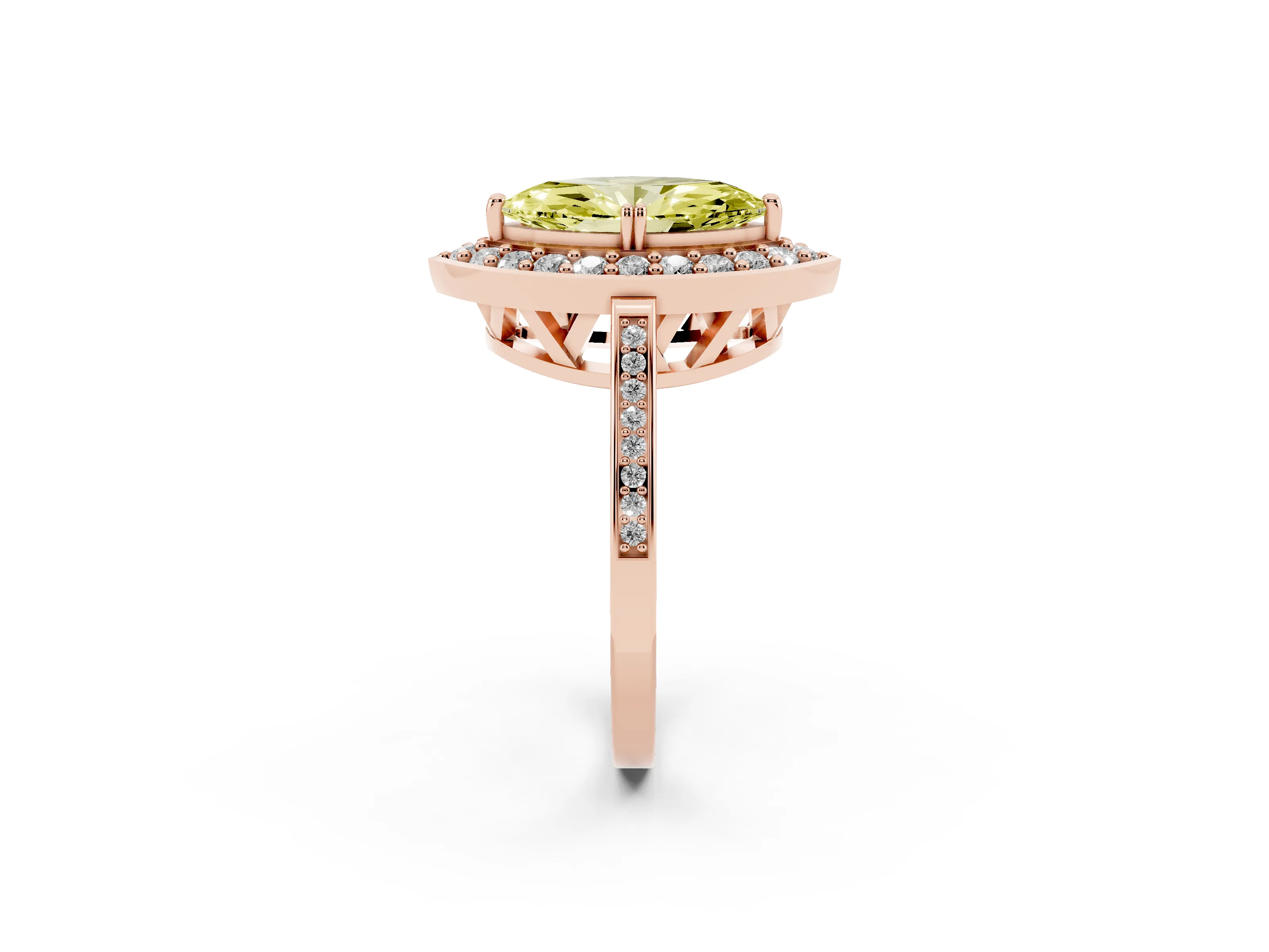 Fancy Yellow Marquise Cut Diamond Halo Ring Set in Rose gold with Accent-Lined Split Shank and Prong Setting