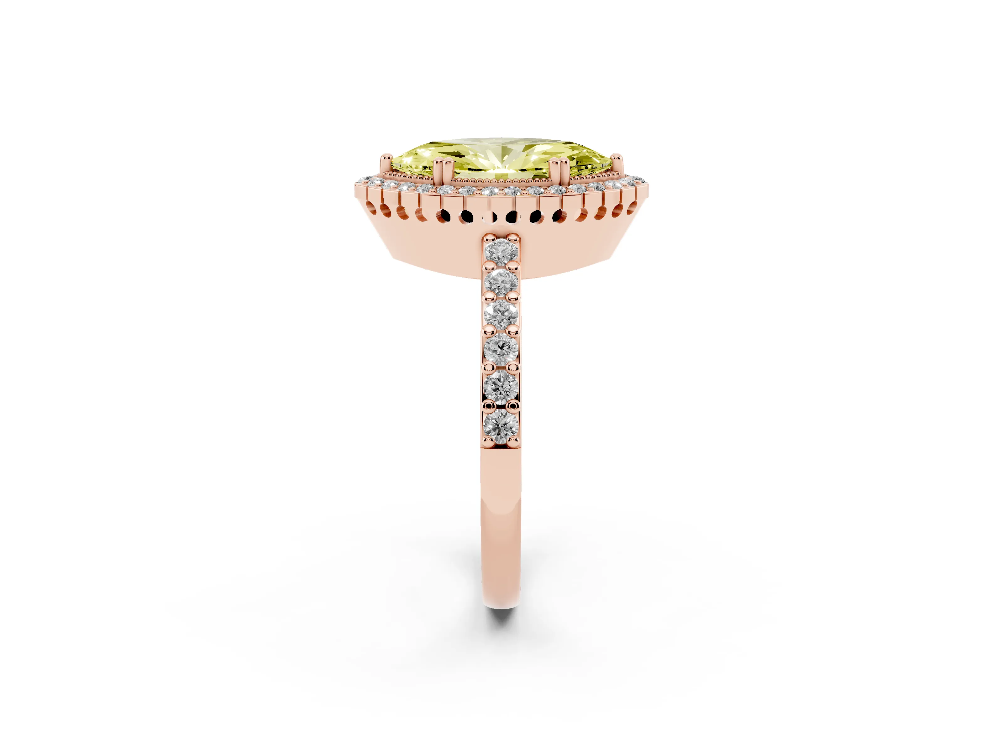 Fancy Yellow Marquise Cut Diamond Halo Engagement Ring Set in Rose gold with Milgrain Detail and Pavé Band