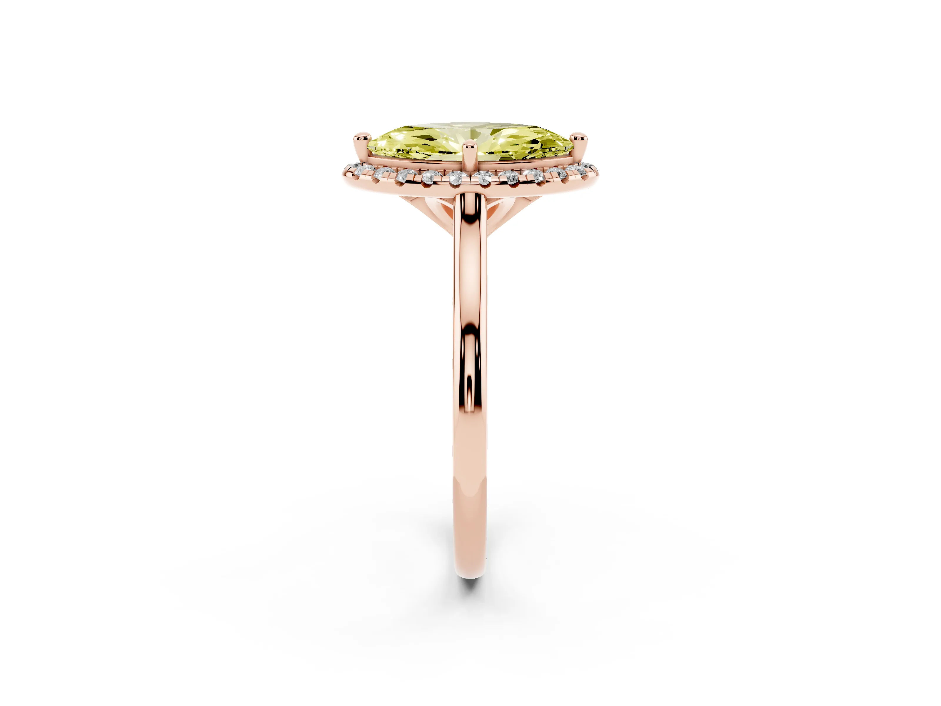 Fancy Yellow Marquise Cut Diamond Halo Engagement Ring Set in Rose gold with Pavé Band and Rising Shoulders