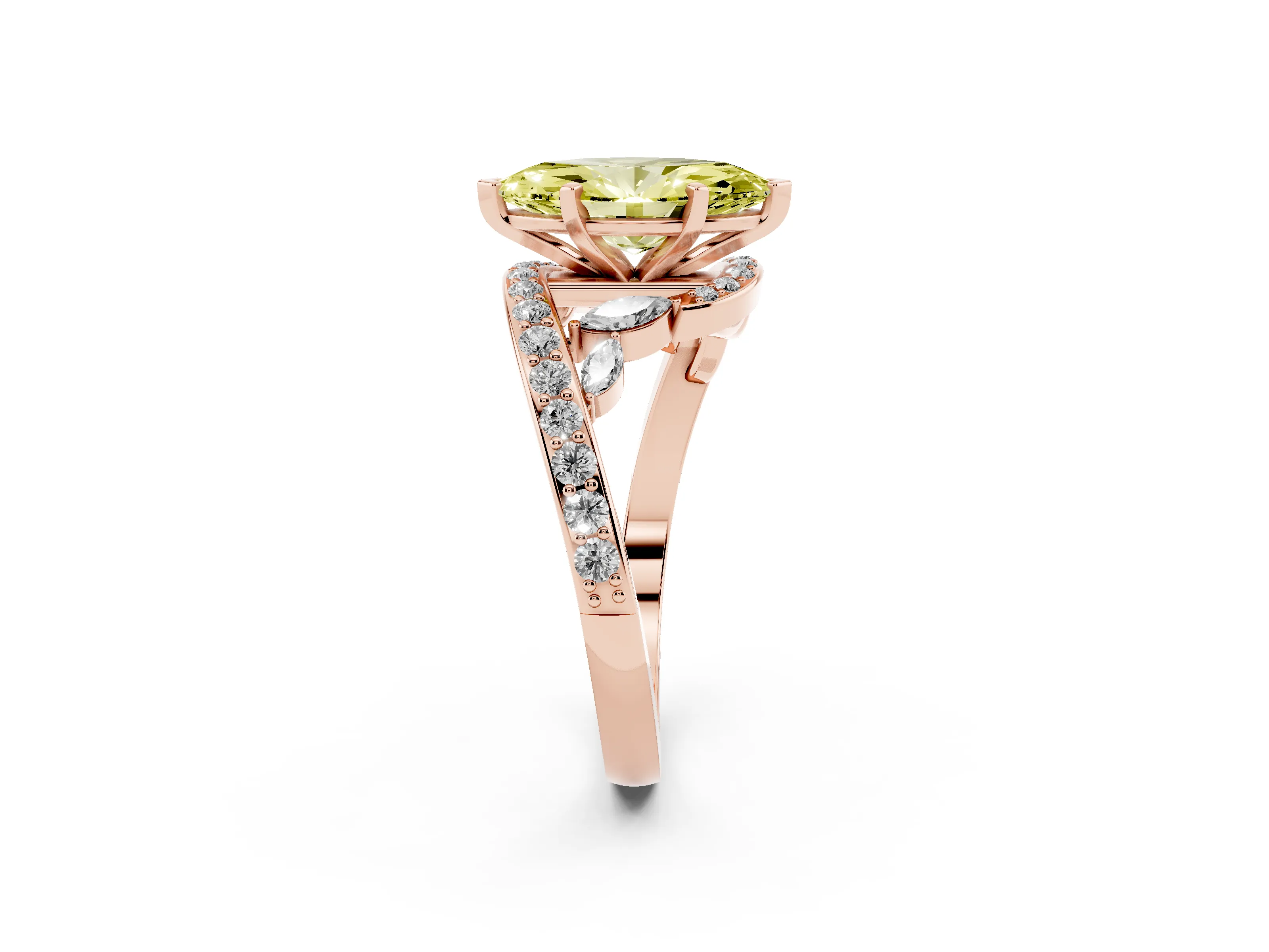 Fancy Yellow Marquise Cut Diamond Solitaire Ring Set in Rose gold with Pavé Twist Band and Secure Prong Setting