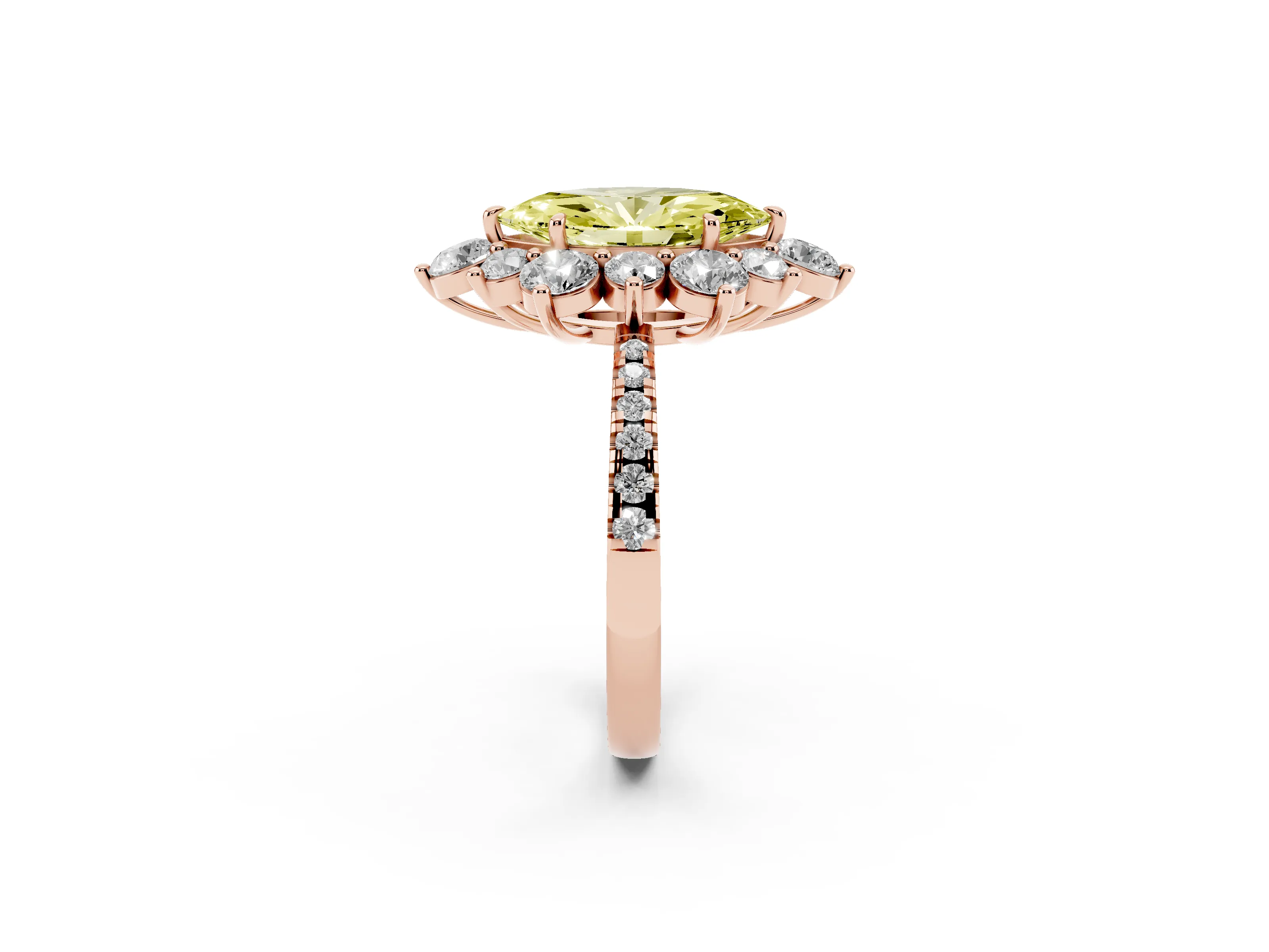 Fancy Yellow Marquise Cut Diamond Floral Halo Ring Set in Rose gold with Round Pavé Band and Prong Setting