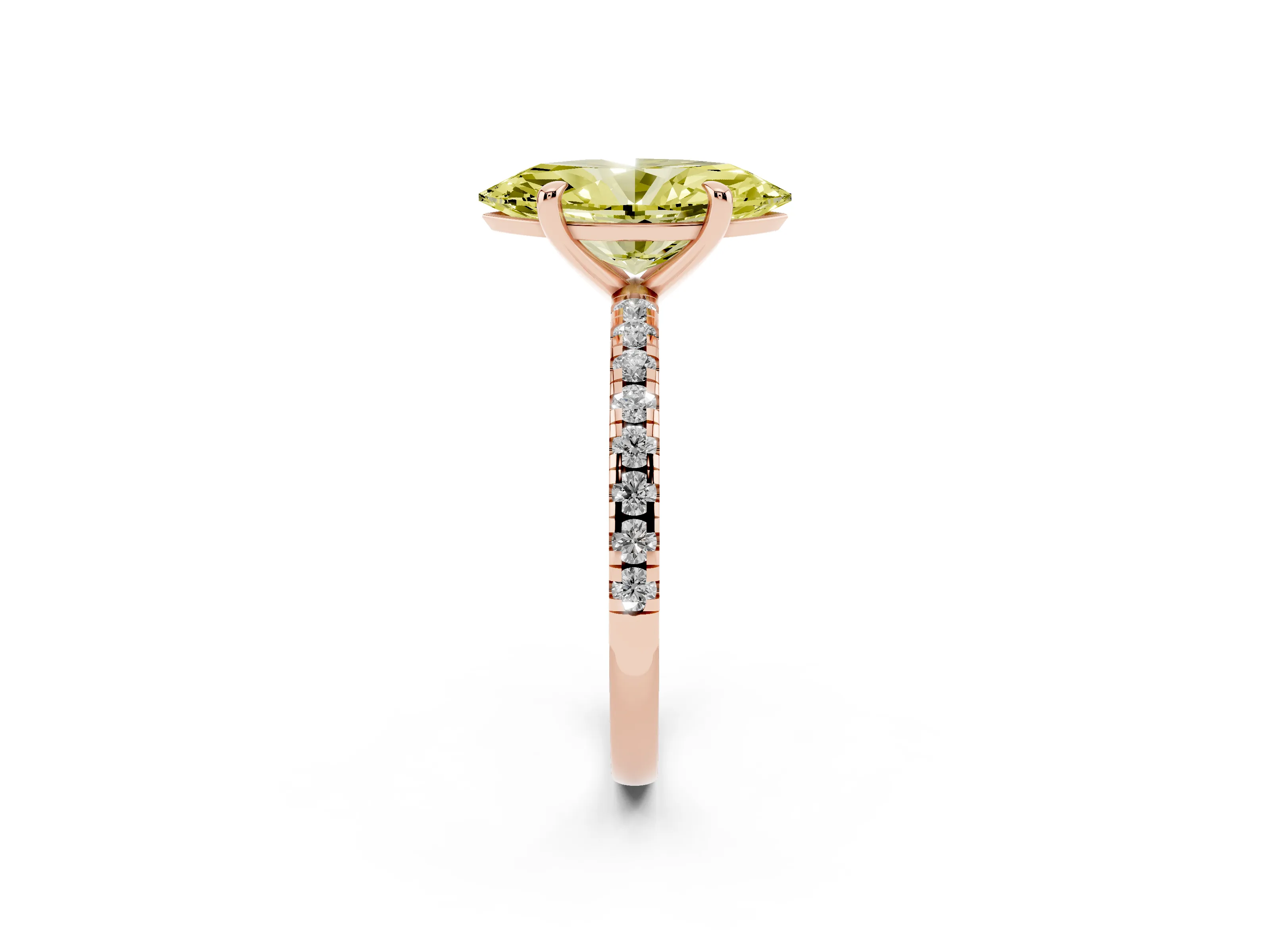 Fancy Yellow Marquise Cut Diamond Brilliant Solitaire Ring Set in Rose gold with Pavé Band and Prong Setting