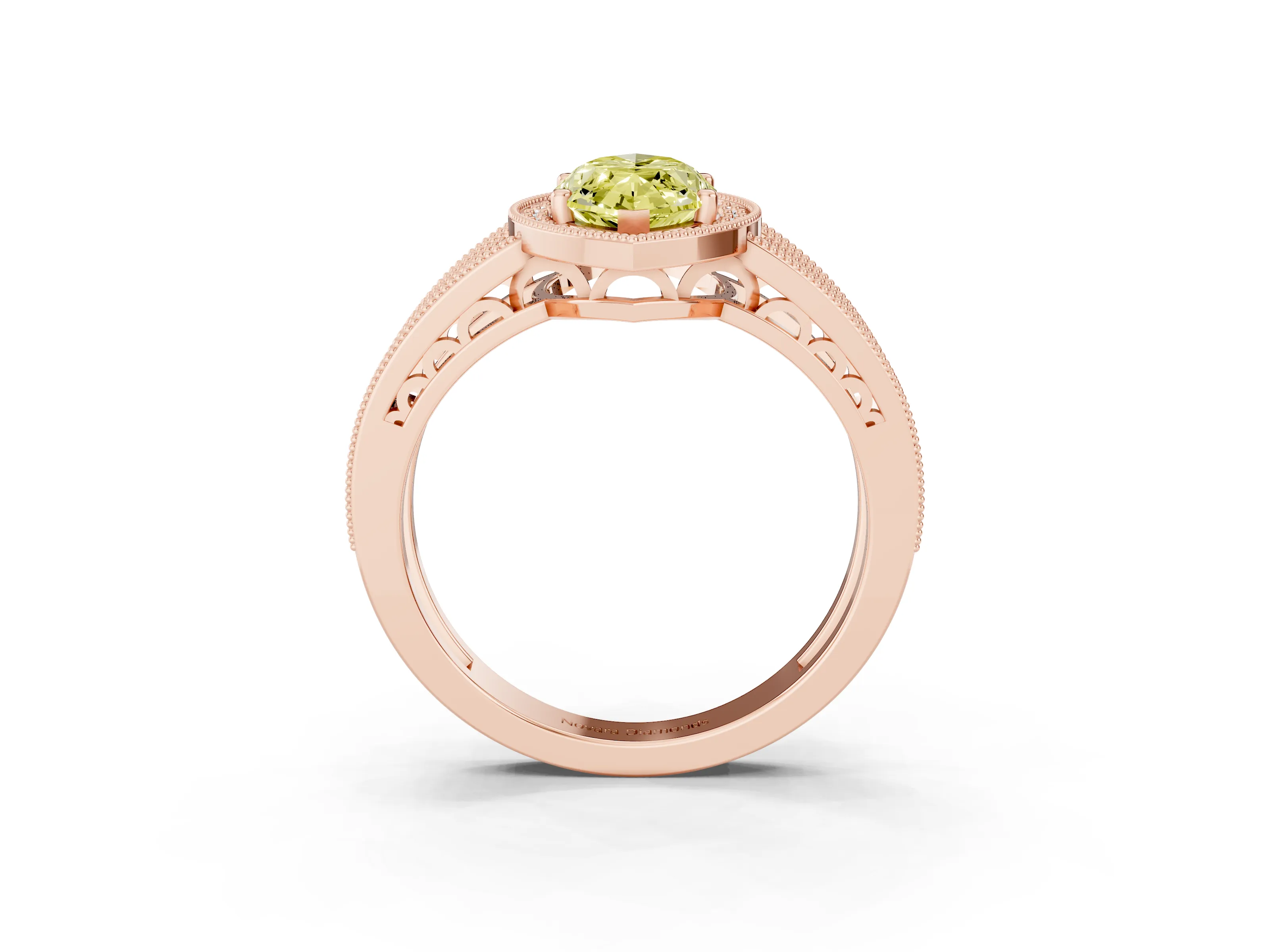 Fancy Yellow Marquise Cut Diamond Halo Ring Set in Rose gold with Accent Split Shank and Prong Setting