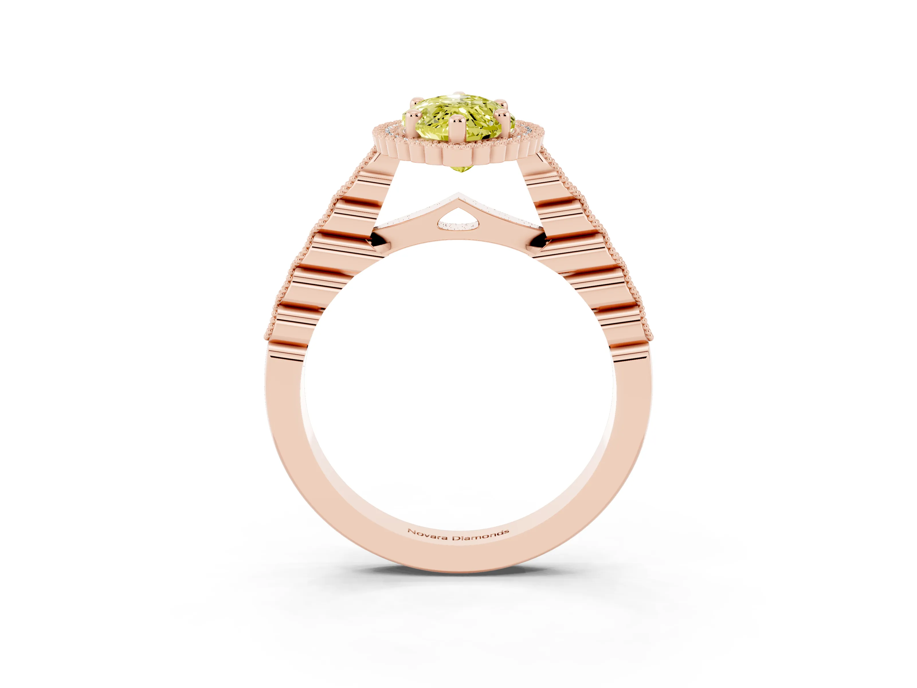 Fancy Yellow Marquise Cut Diamond Halo Ring Set in Rose gold with Pavé Milgrain Band