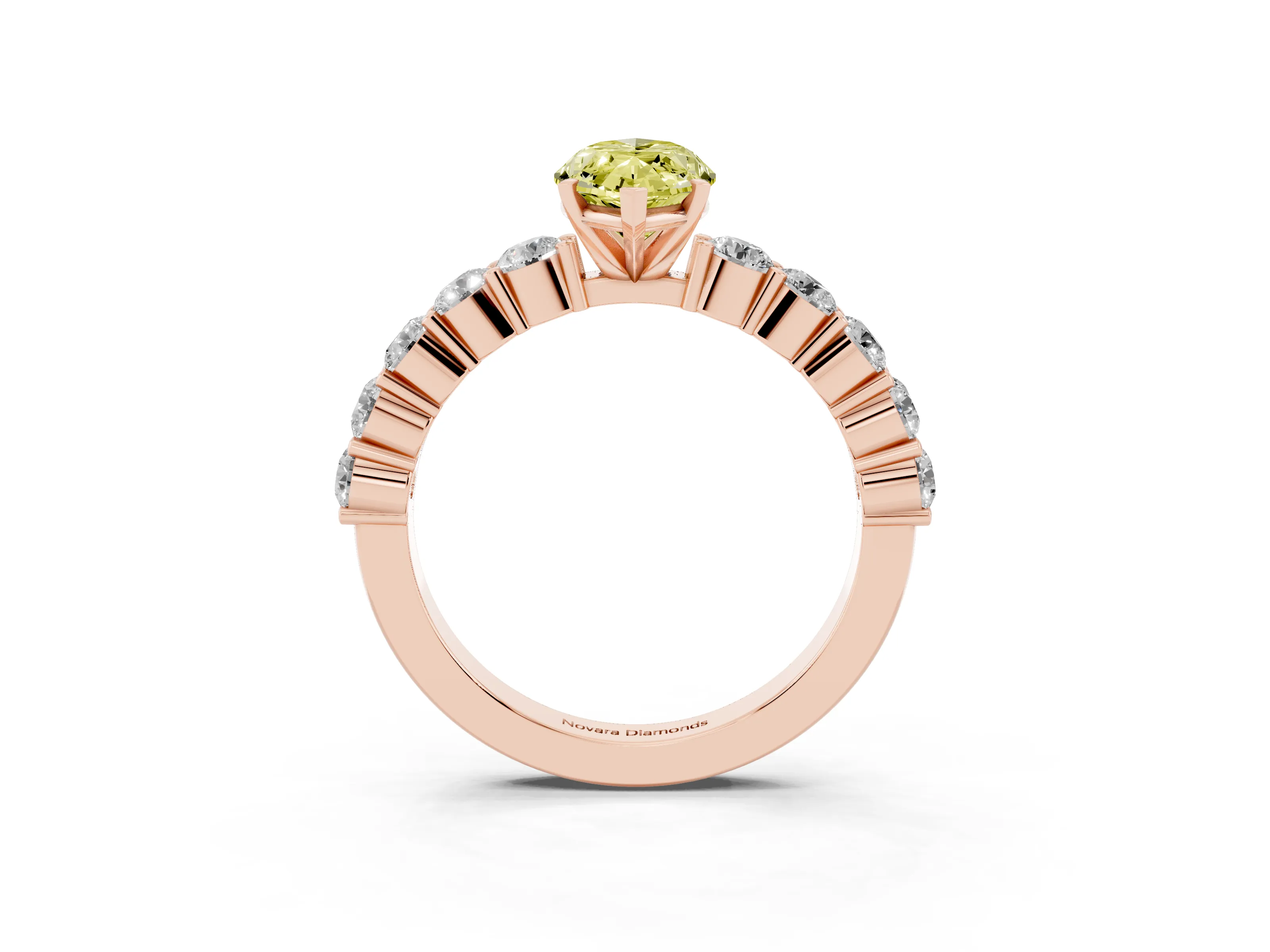 Fancy Yellow Marquise Cut Diamond Solitaire Ring Set in Rose gold with Shared Prong Round Side Stones