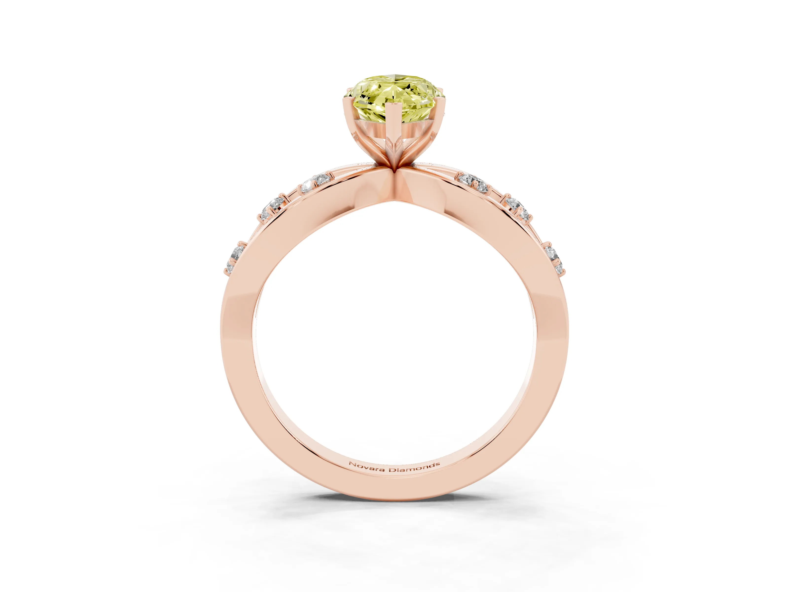 Fancy Yellow Marquise Cut Diamond Solitaire Ring Set in Rose gold with Side Stones on Criss-Cross Band and Prong Setting