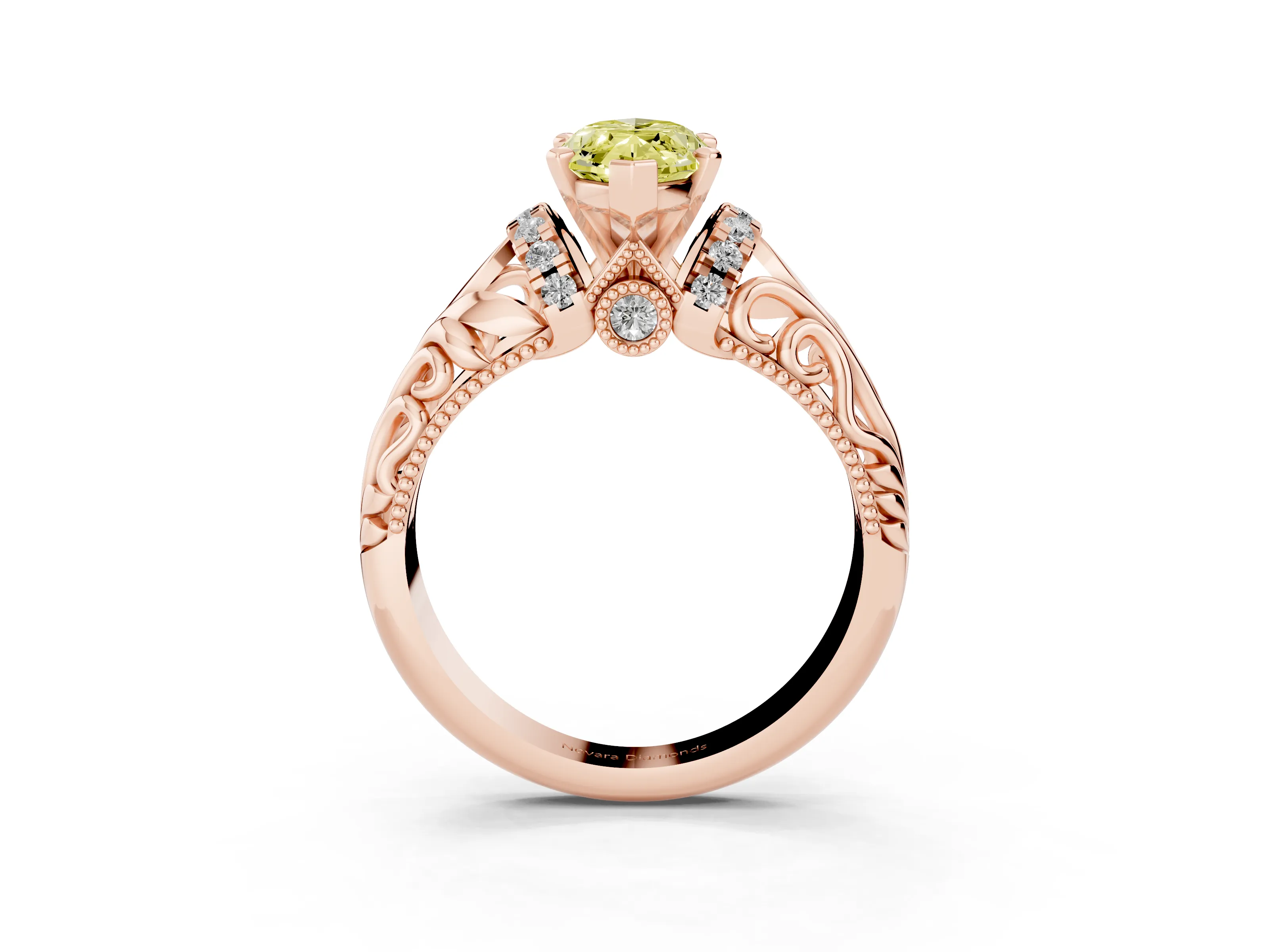 Fancy Yellow Marquise Cut Diamond Filigree Halo Engagement Ring Set in Rose gold with Prong Setting