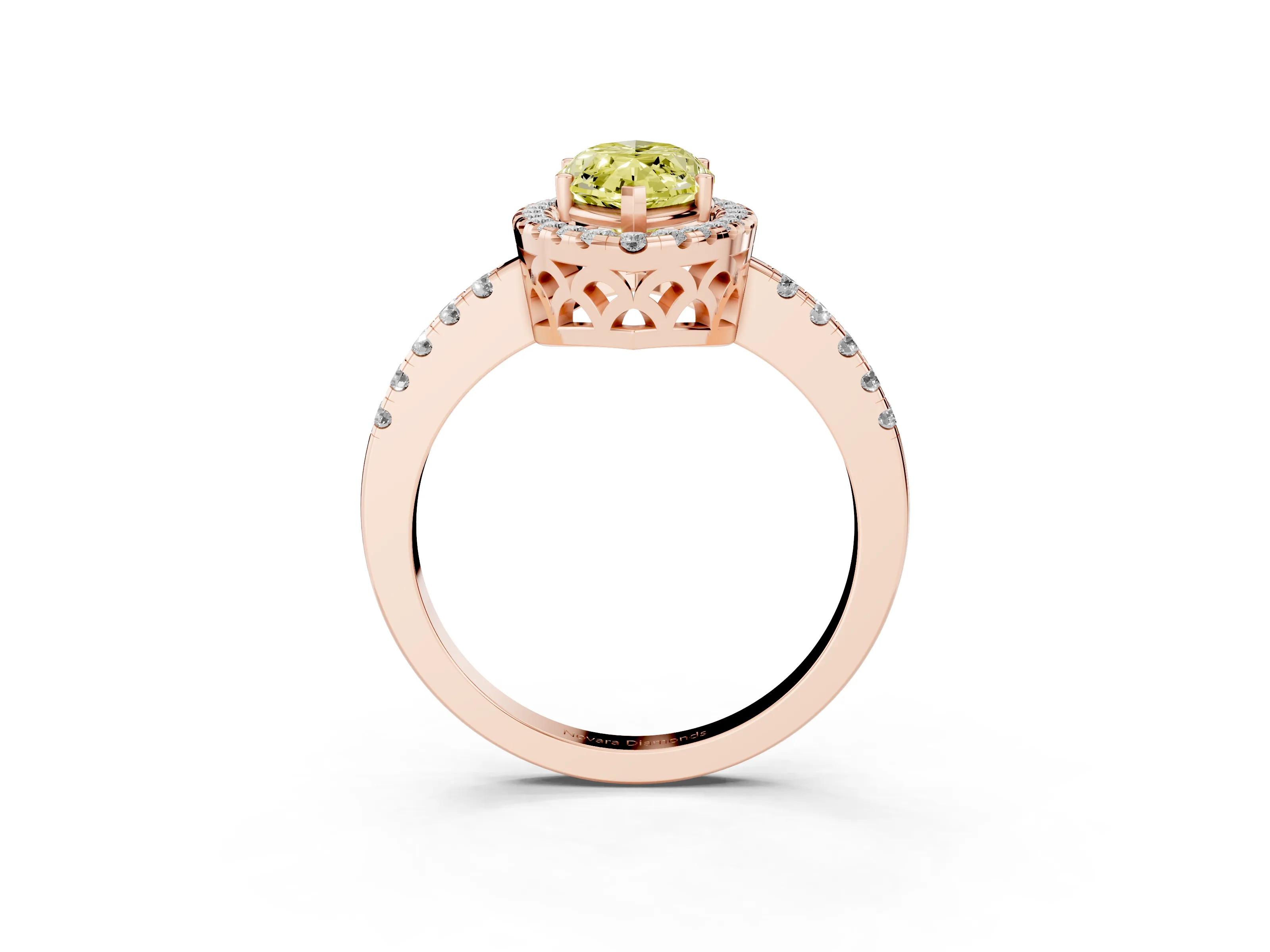 Fancy Yellow Marquise Cut Diamond Pavé Band Halo Engagement Ring Set in Rose gold with Prong Setting