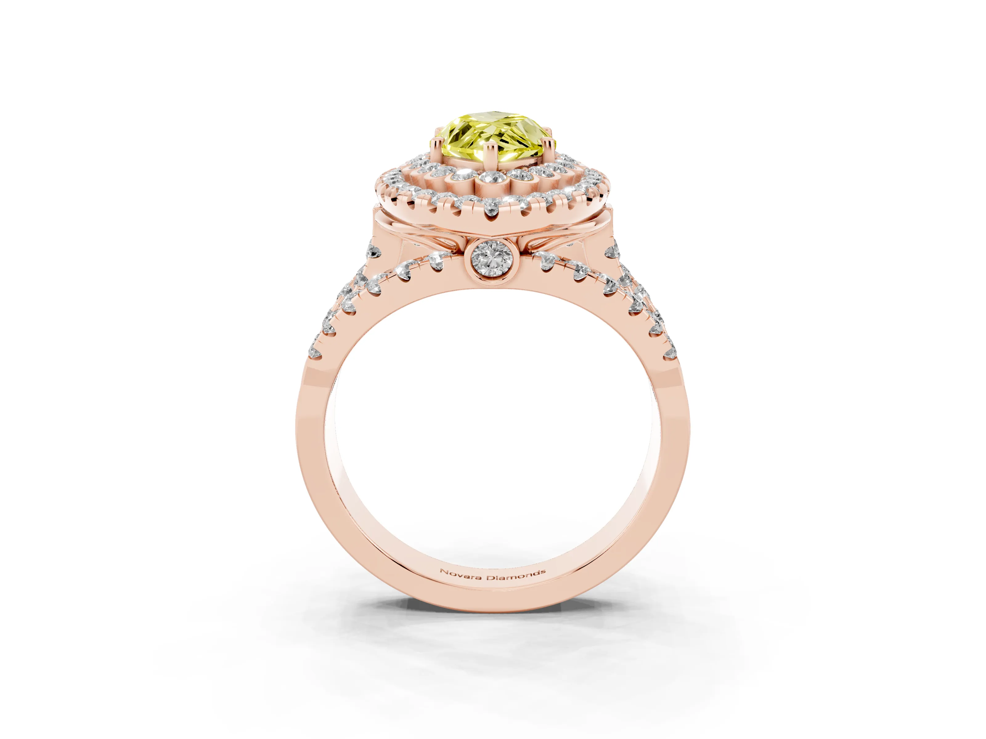 Fancy Yellow Marquise Cut Diamond Double Halo Ring Set in Rose gold with Round Pavé Split Shank