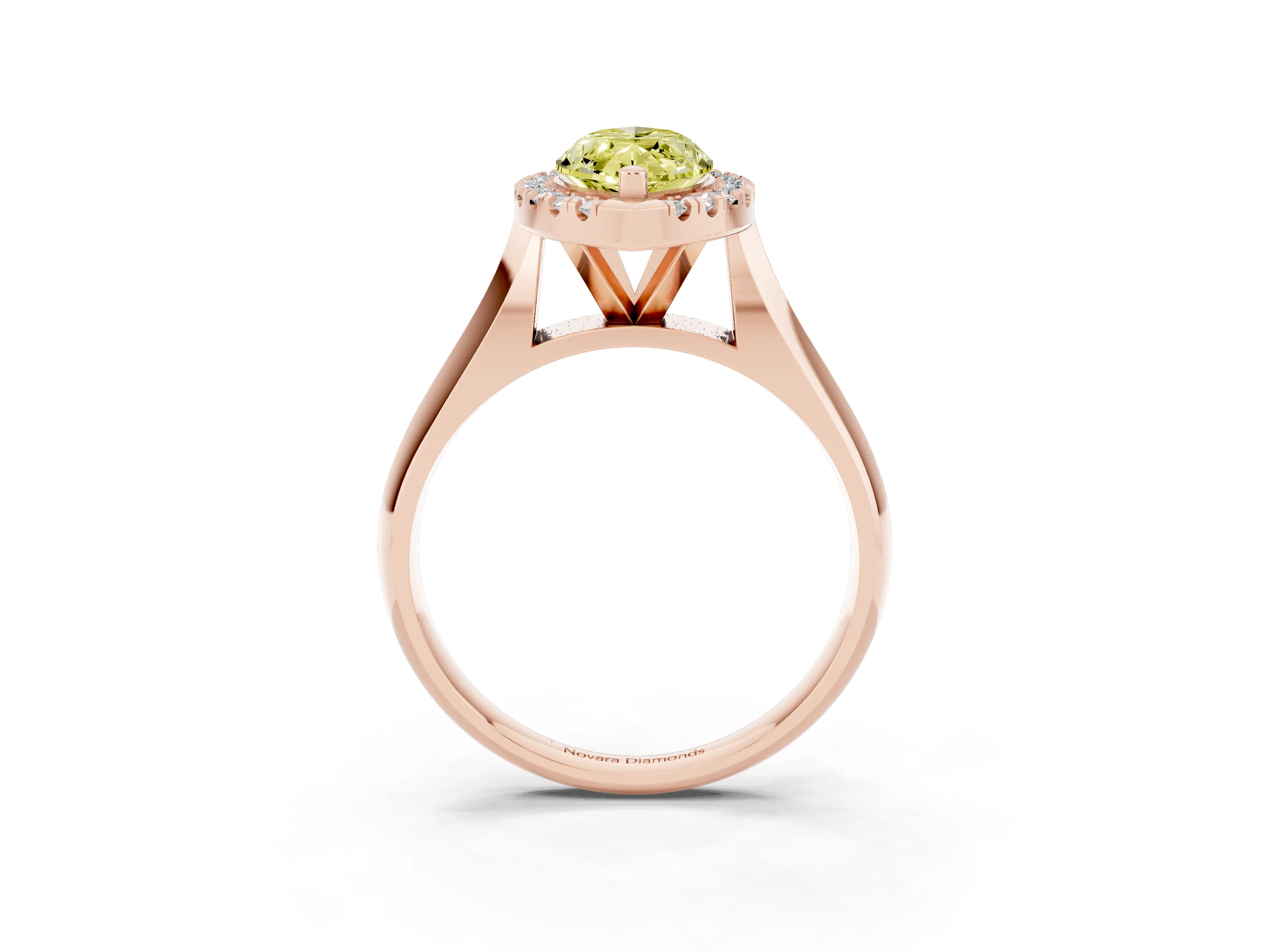 Fancy Yellow Marquise Cut Diamond Halo Solitaire Engagement Ring Set in Rose gold with Square Band and Prong Setting