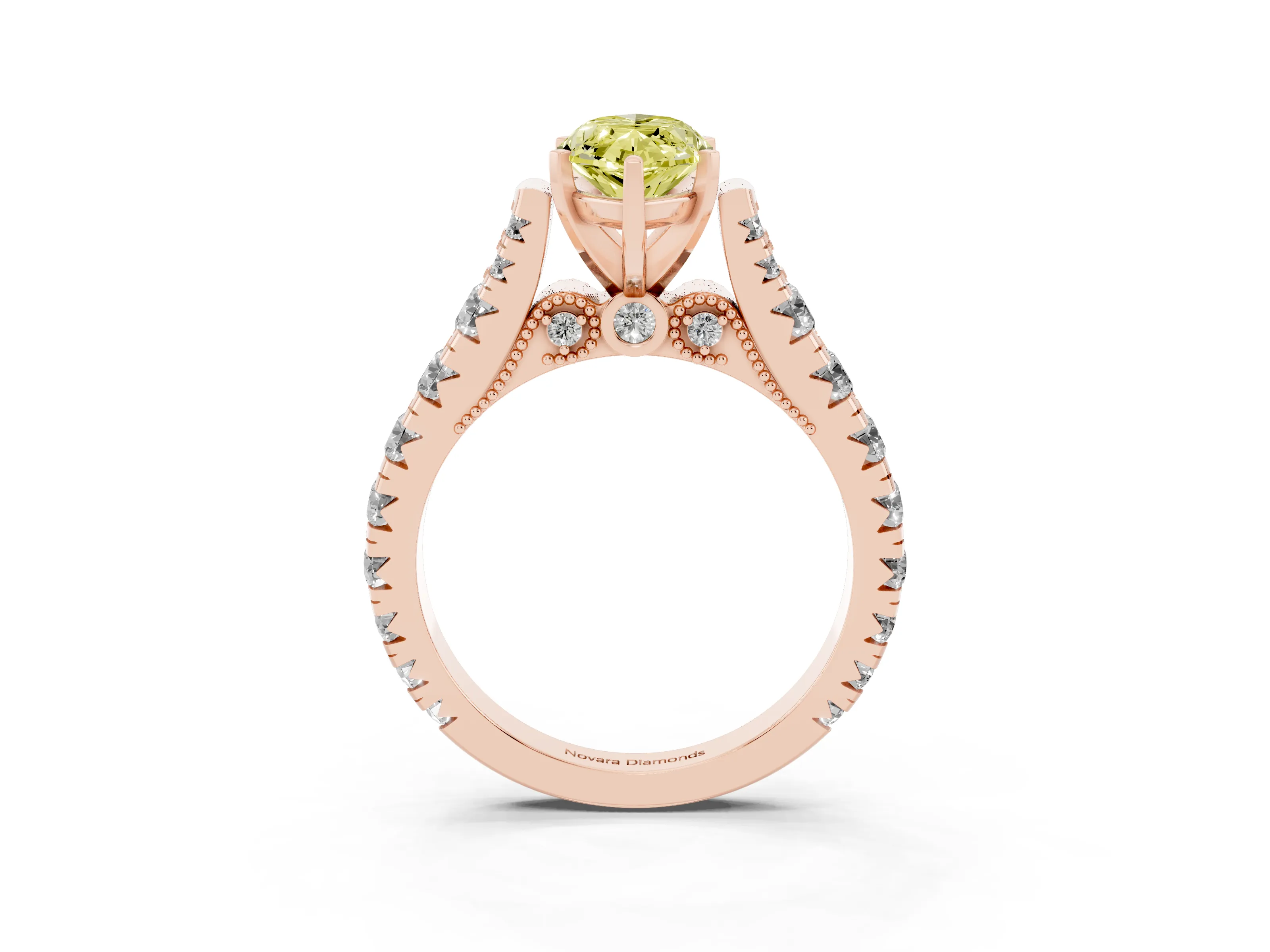 Fancy Yellow Marquise Cut Diamond Classic Solitaire Ring Set in Rose gold with Pavé Band and Prong Setting