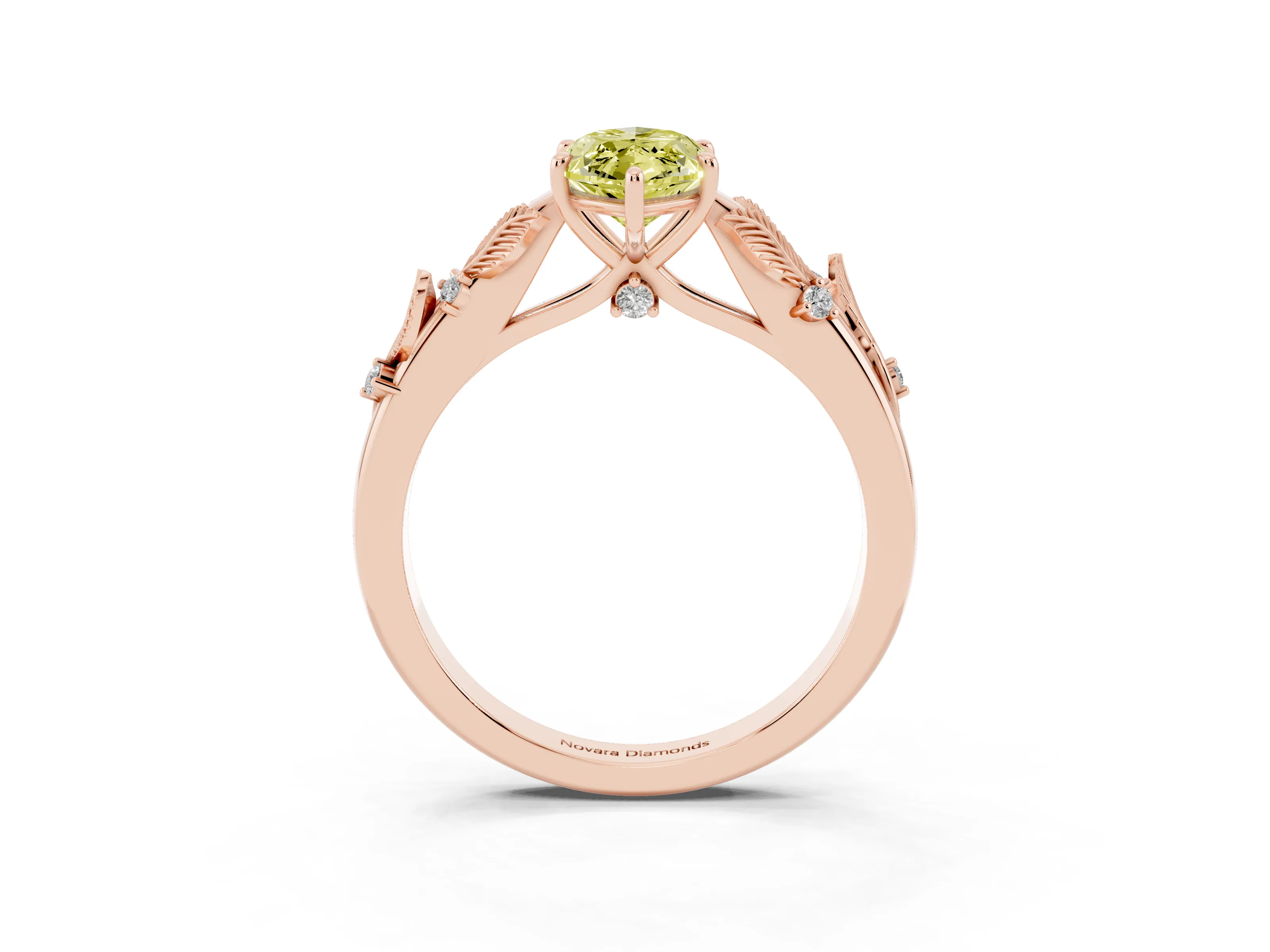 Fancy Yellow Marquise Cut Diamond Solitaire Ring Set in Rose gold with Leaf Motif Band