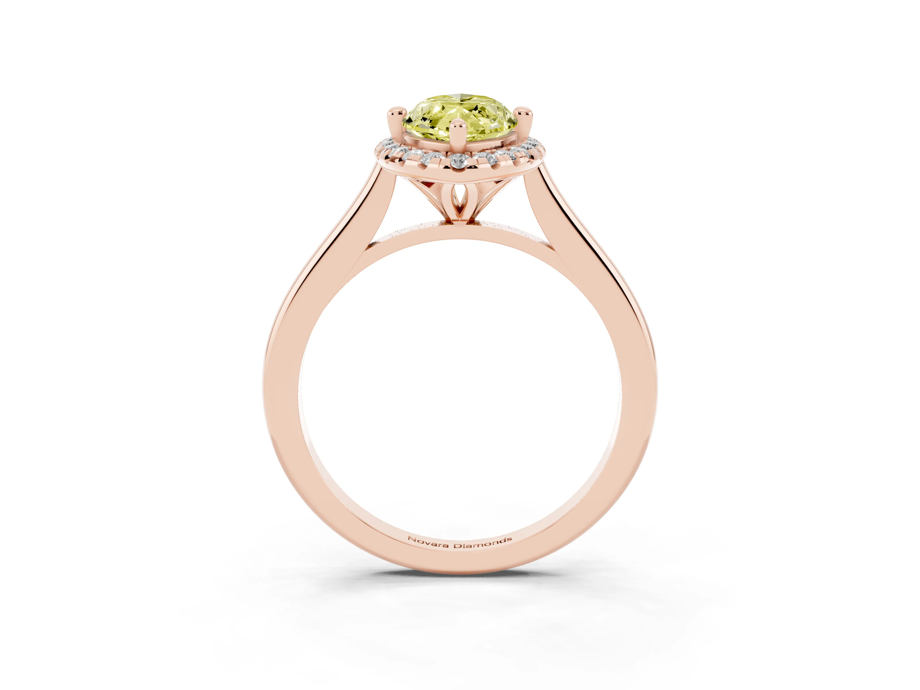 Fancy Yellow Marquise Cut Diamond Halo Engagement Ring Set in Rose gold with Pavé Band and Rising Shoulders