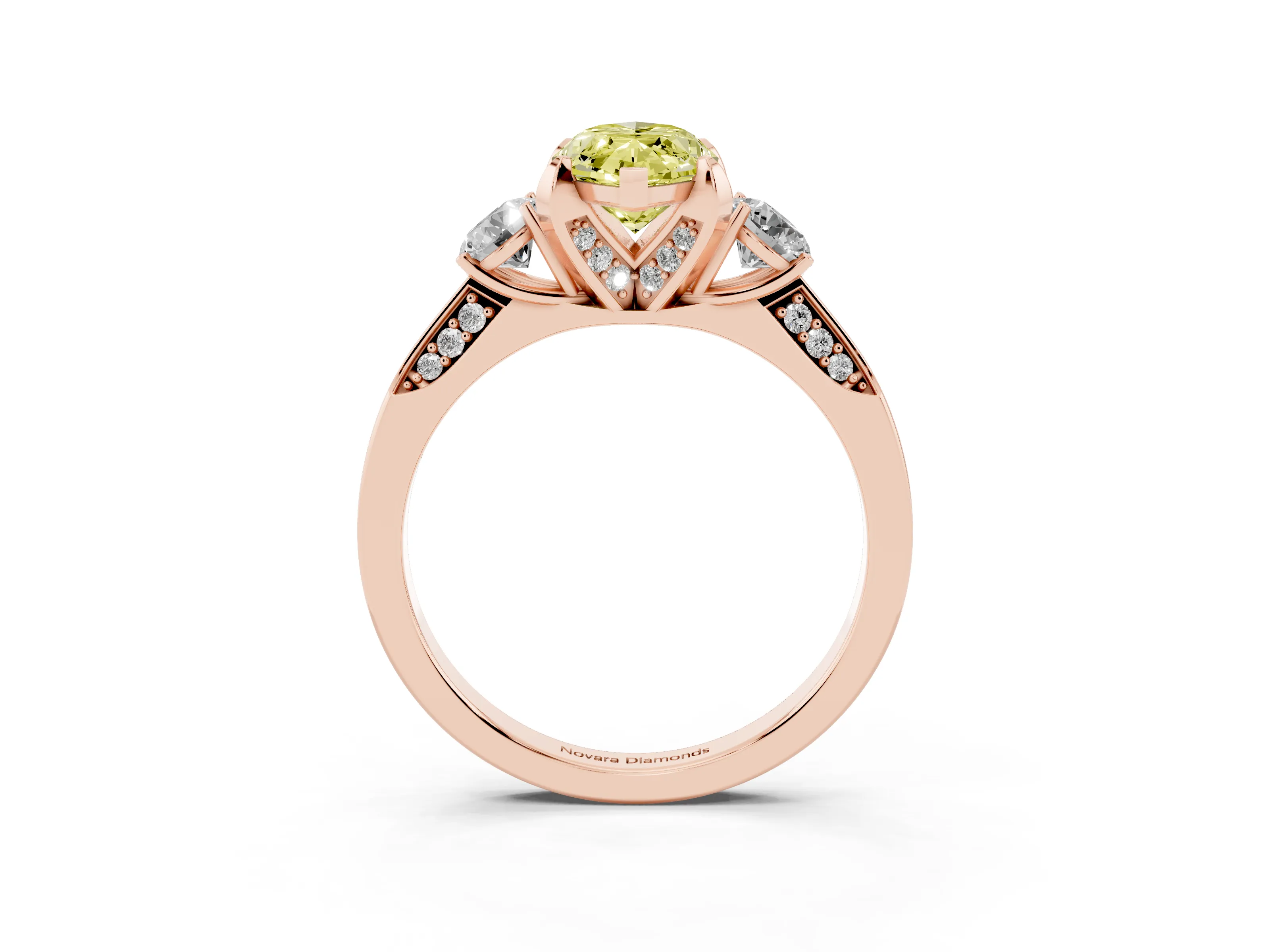 Fancy Yellow Marquise Cut Diamond Three-Stone Ring Set in Rose gold with Pavé Band and Smaller Side Stones