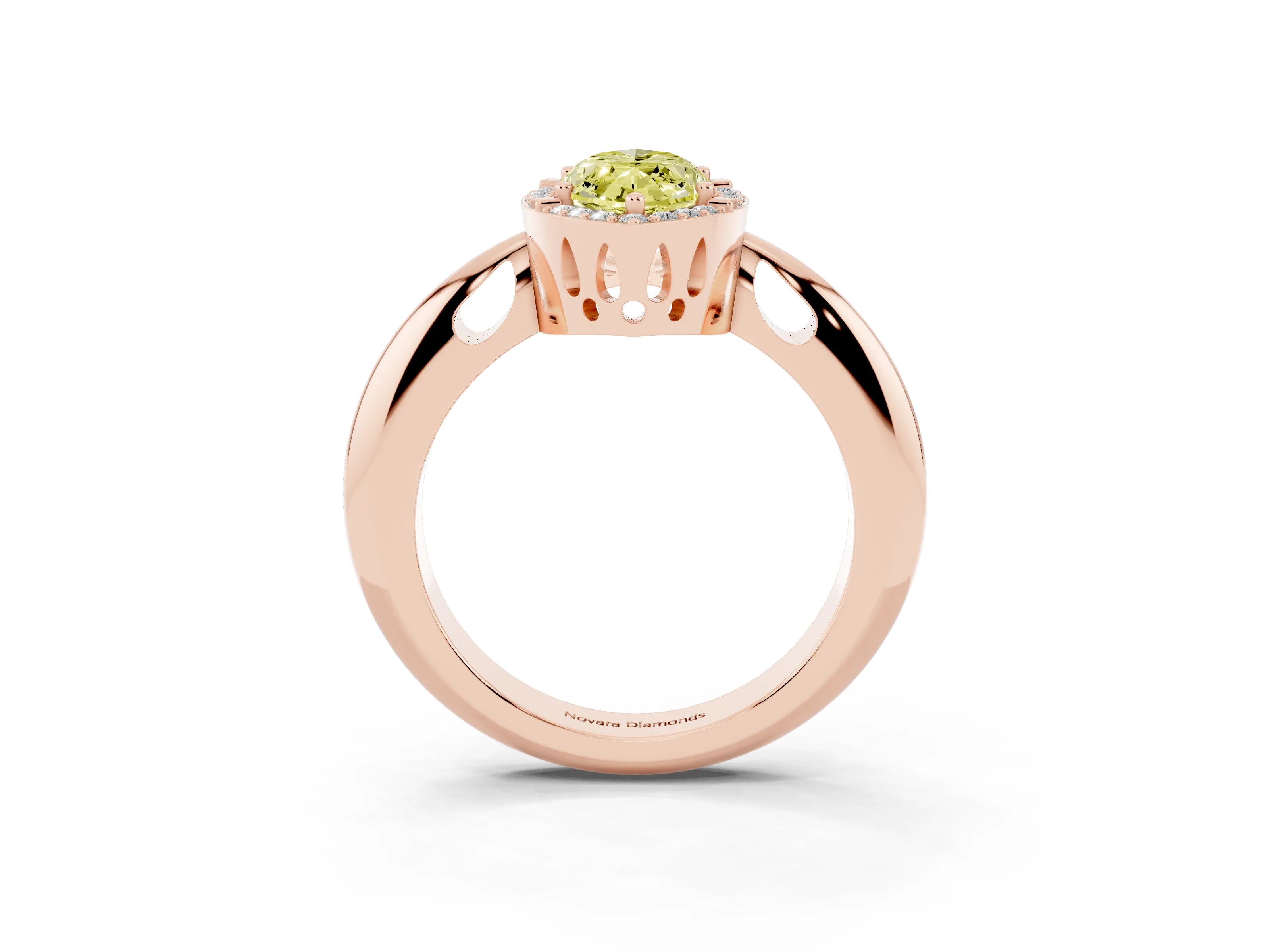 Fancy Yellow Marquise Cut Diamond Halo Engagement Ring Set in Rose gold with Plain Split Shank and Prong Setting