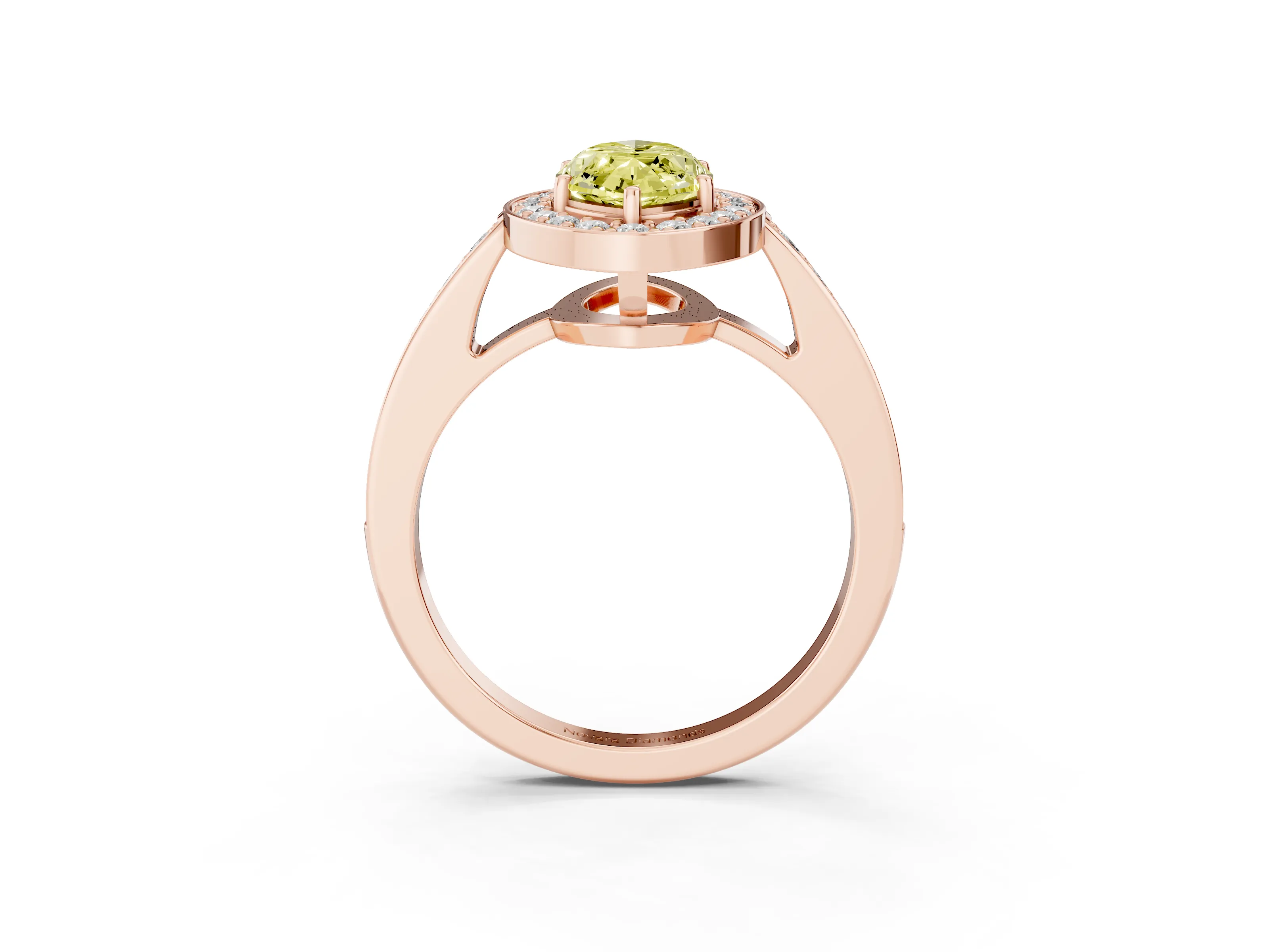 Fancy Yellow Marquise Cut Diamond Halo Pavé Engagement Ring Set in Rose gold with Bezel Setting